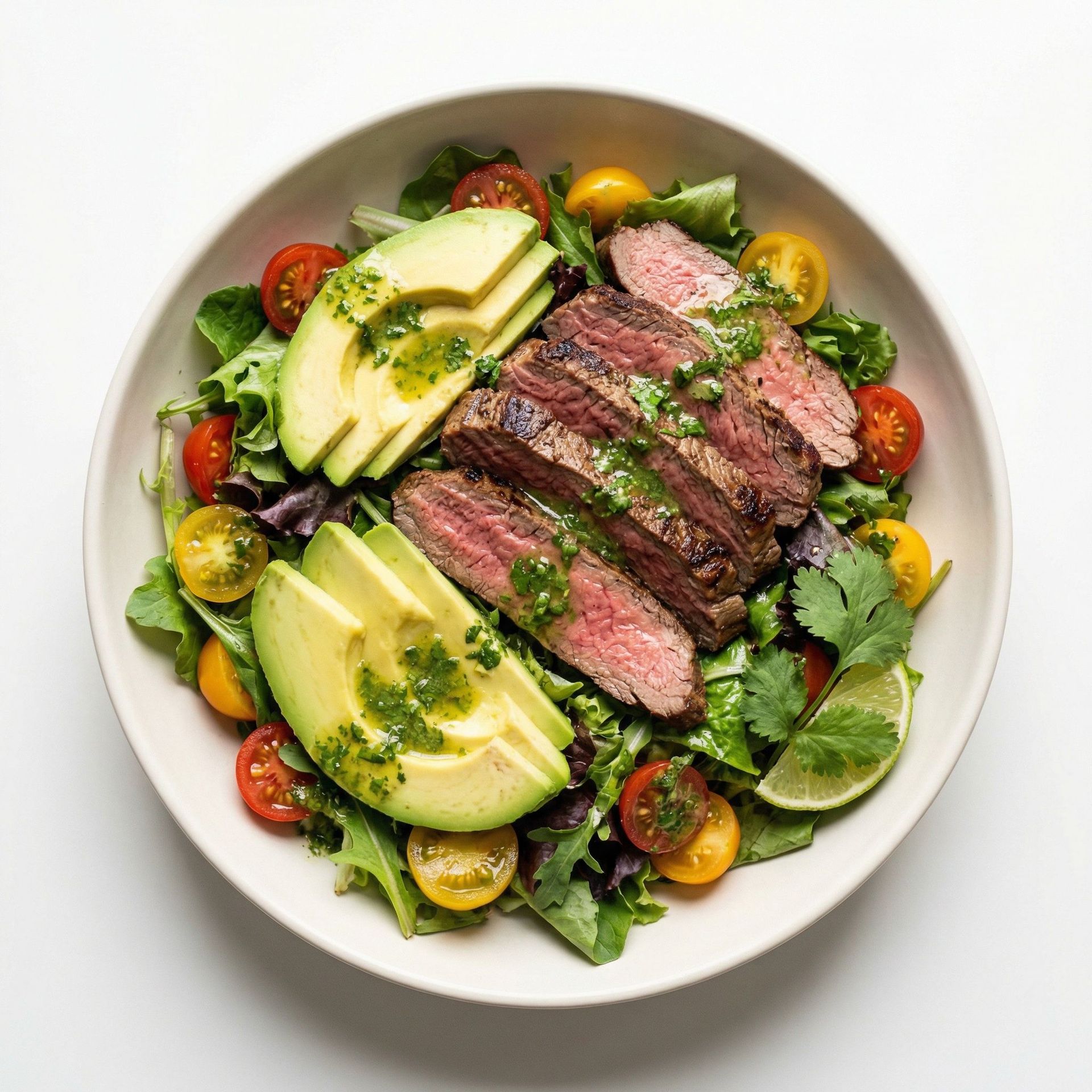 Grilled Flank Steak and Avocado Salad, prepared as a finished Lila recipe