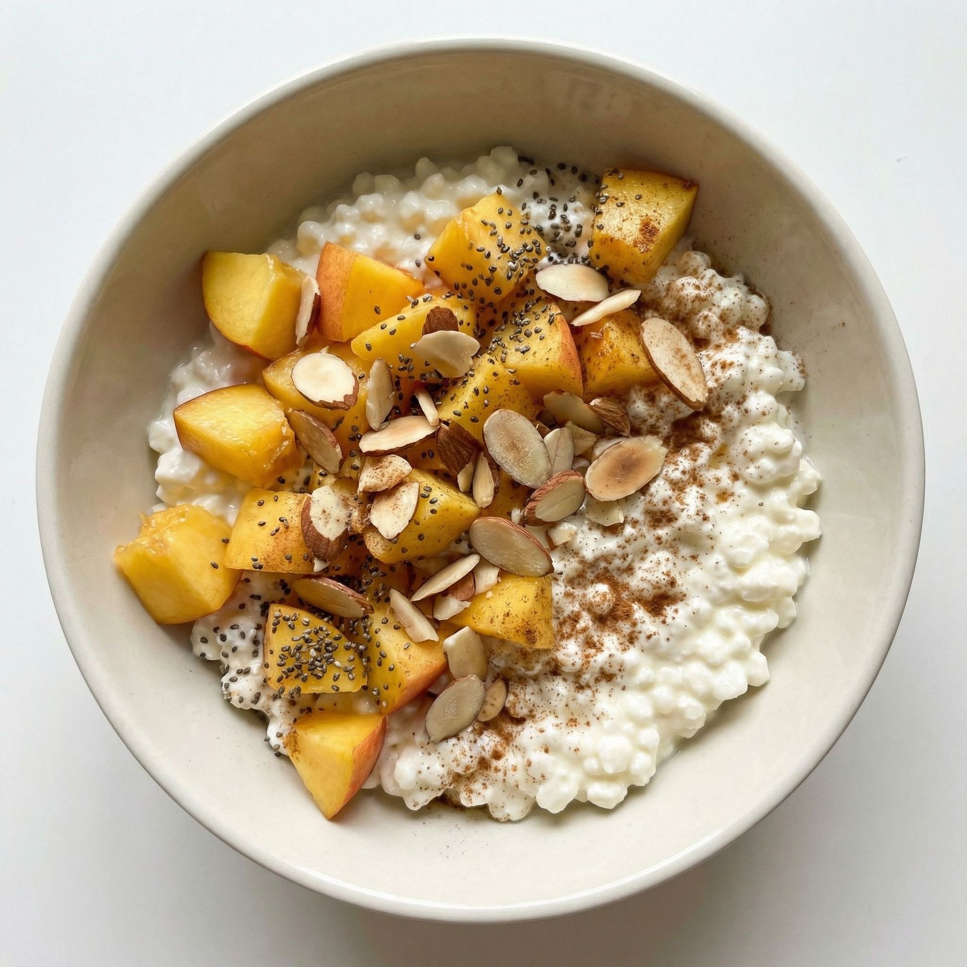 Cinnamon Peach & Almond Cottage Cheese Bowl, prepared as a finished Lila recipe