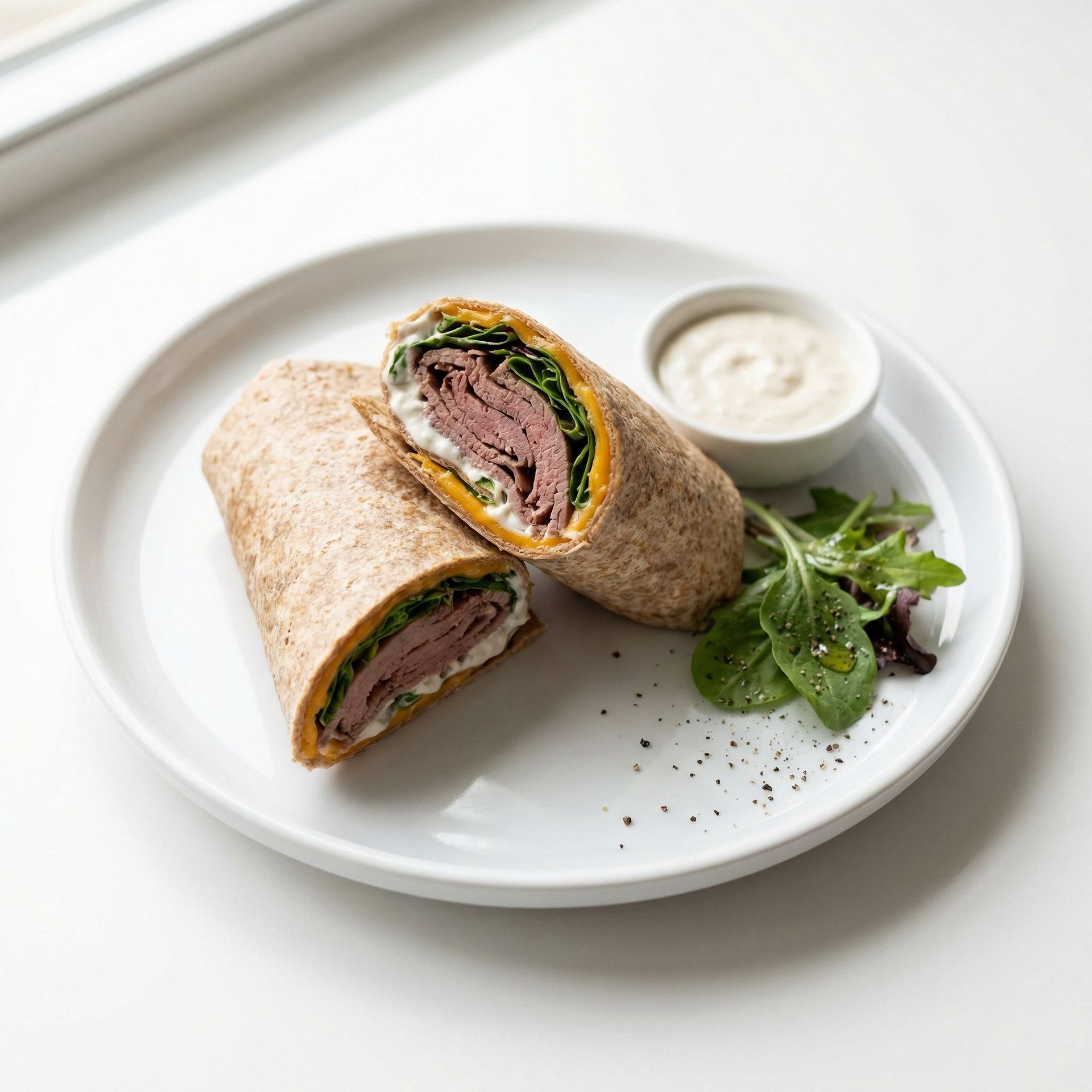 Roast Beef & Cheddar Horseradish Wrap, prepared as a finished Lila recipe