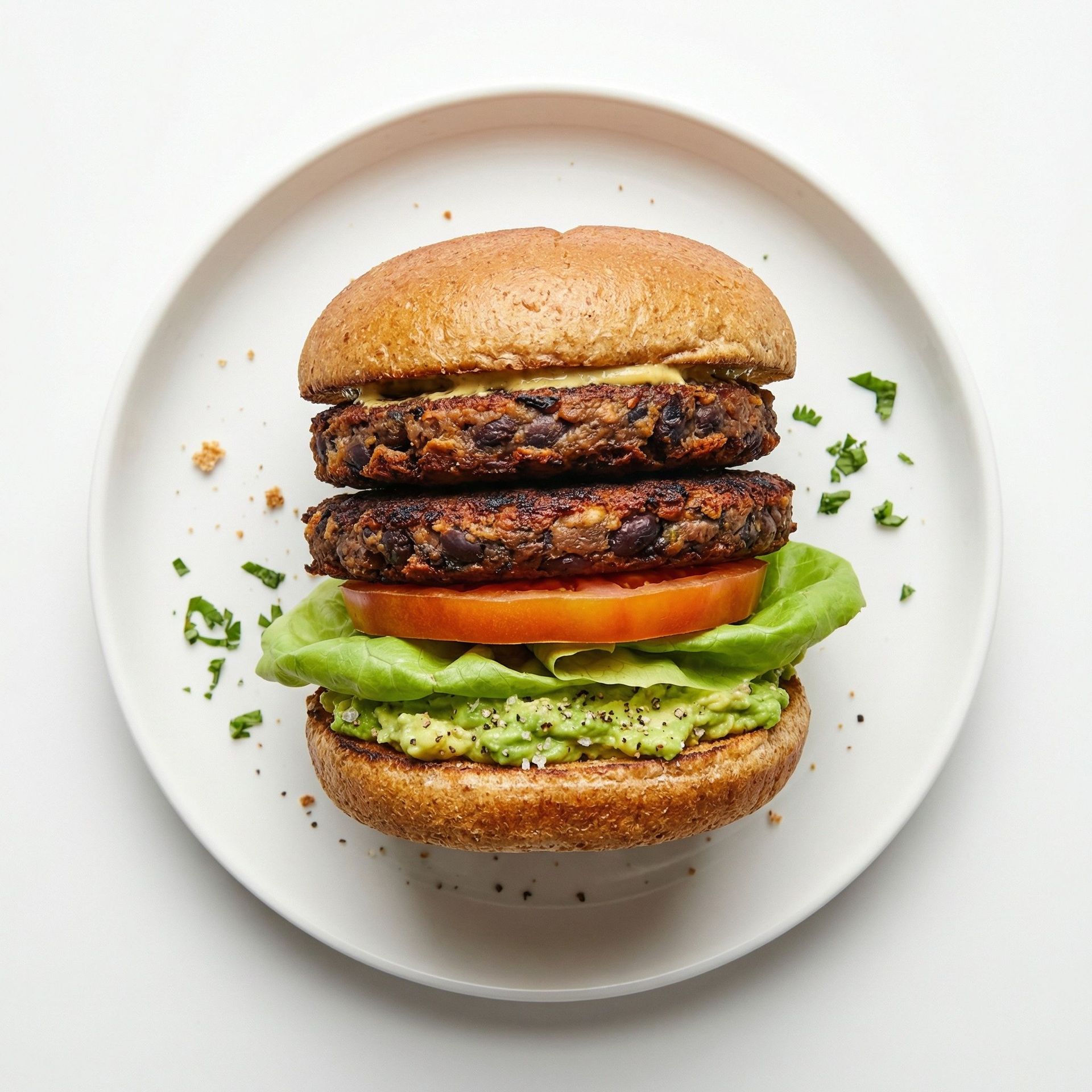 Double Black Bean and Avocado Burger, prepared as a finished Lila recipe