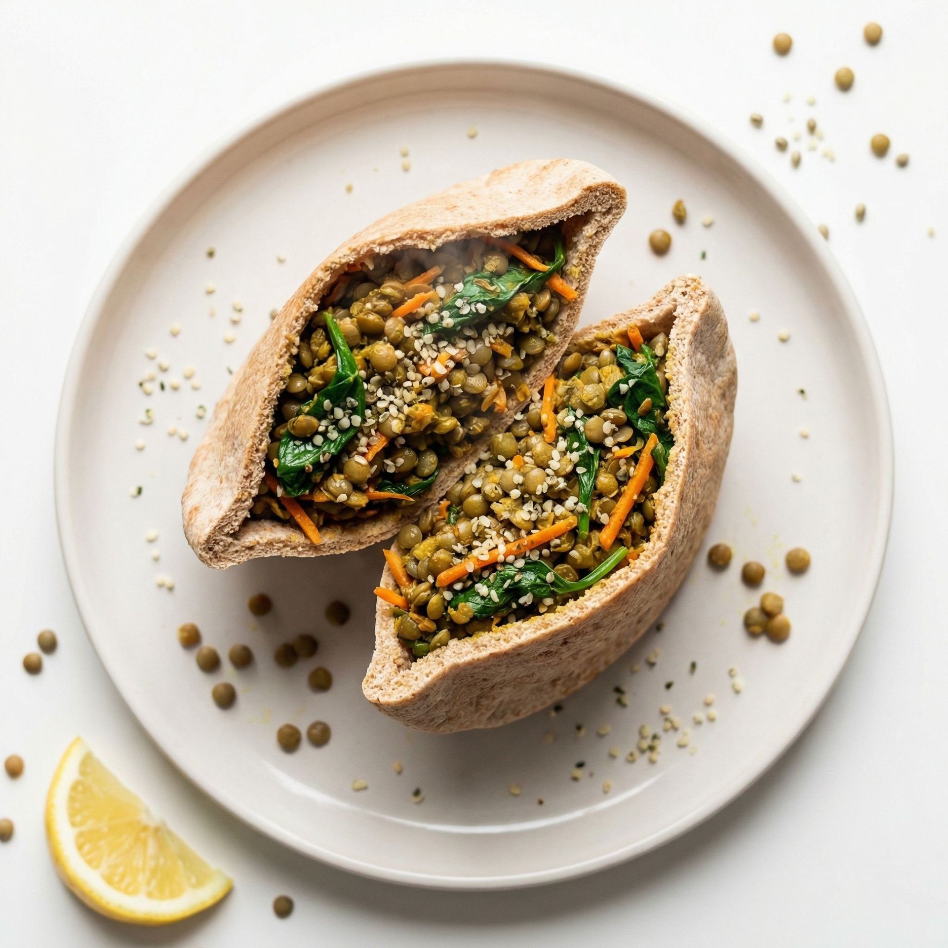 Curried Green Lentil and Spinach Pita, prepared as a finished Lila recipe