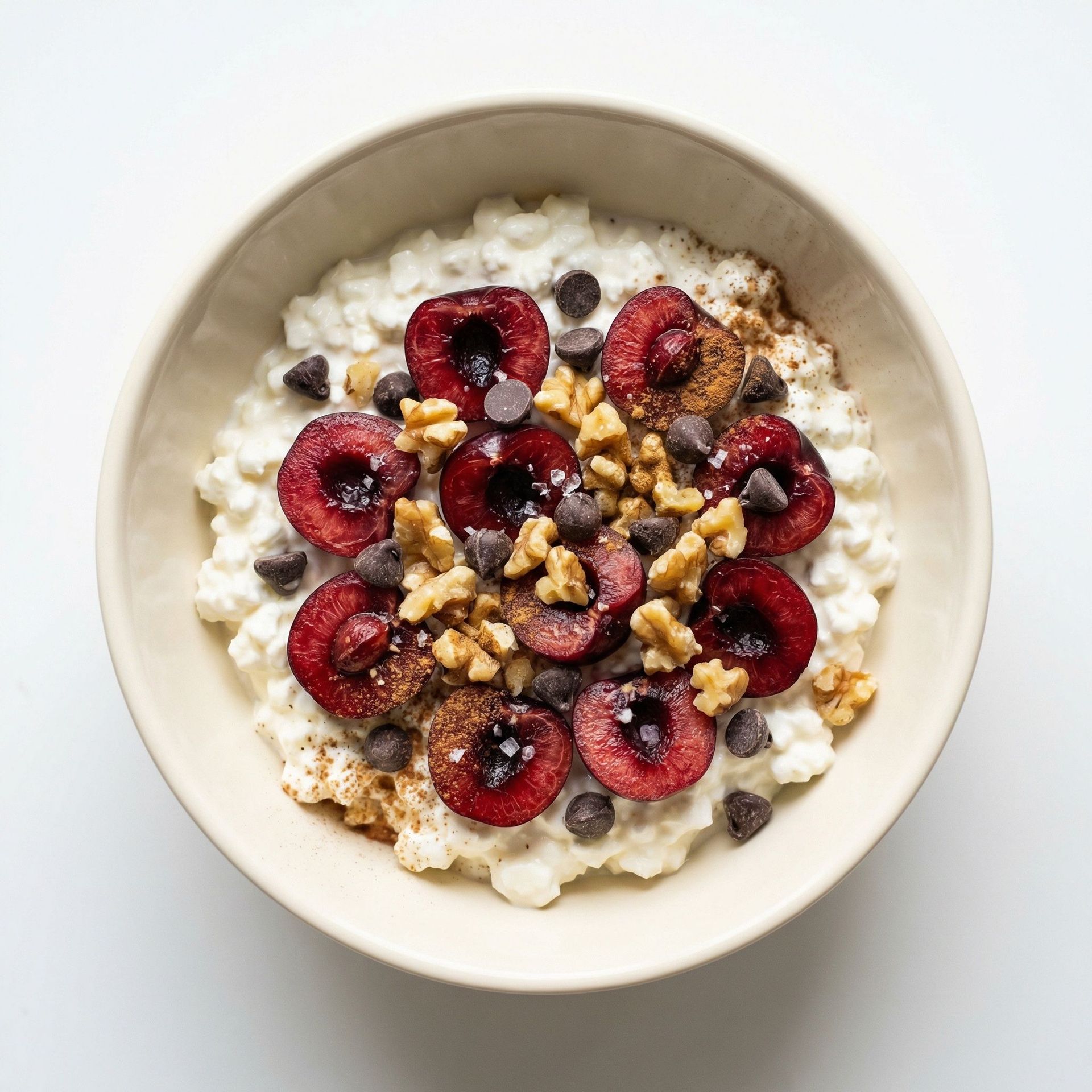 Cherry Walnut and Dark Chocolate Cottage Cheese Bowl, prepared as a finished Lila recipe