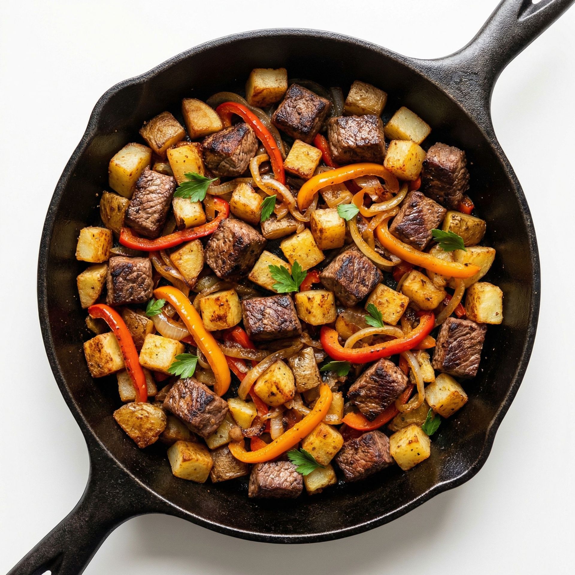 Iron-Skillet Steak and Potato Hash, prepared as a finished Lila recipe