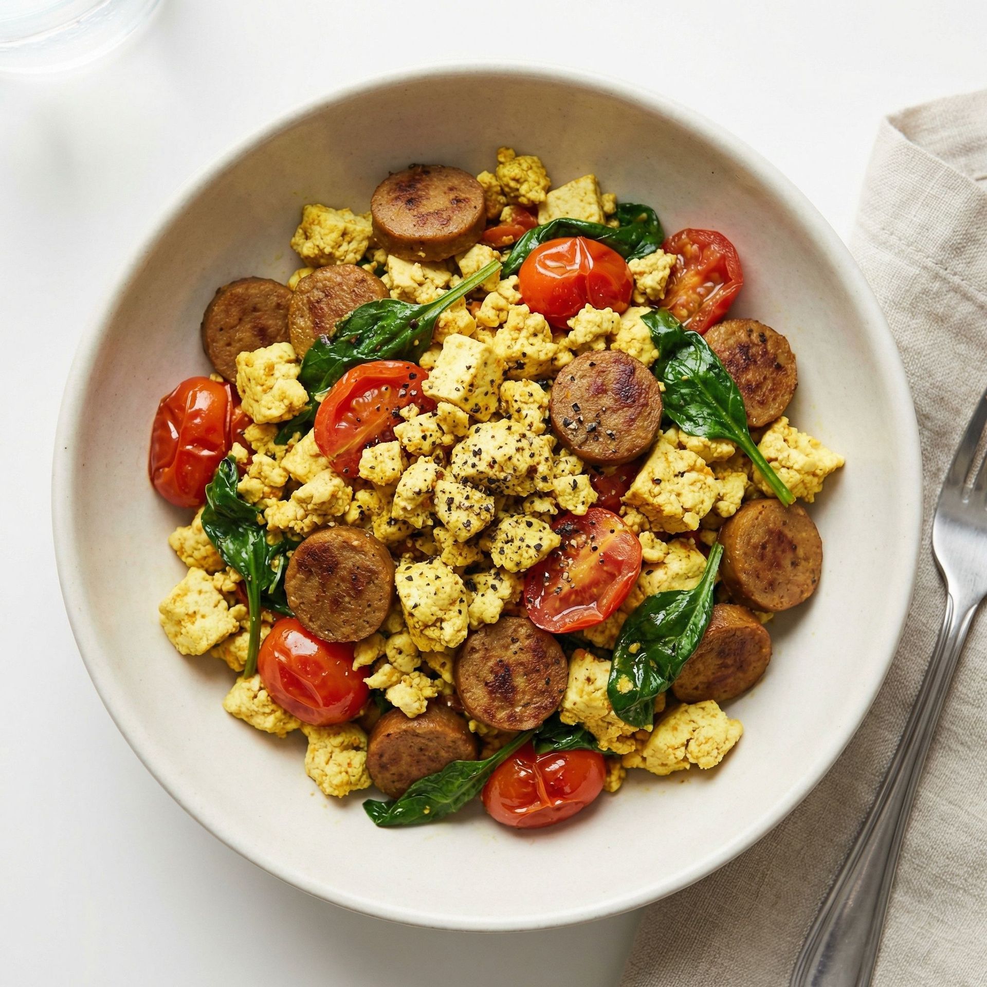 Savory Tofu & Sausage Scramble, prepared as a finished Lila recipe