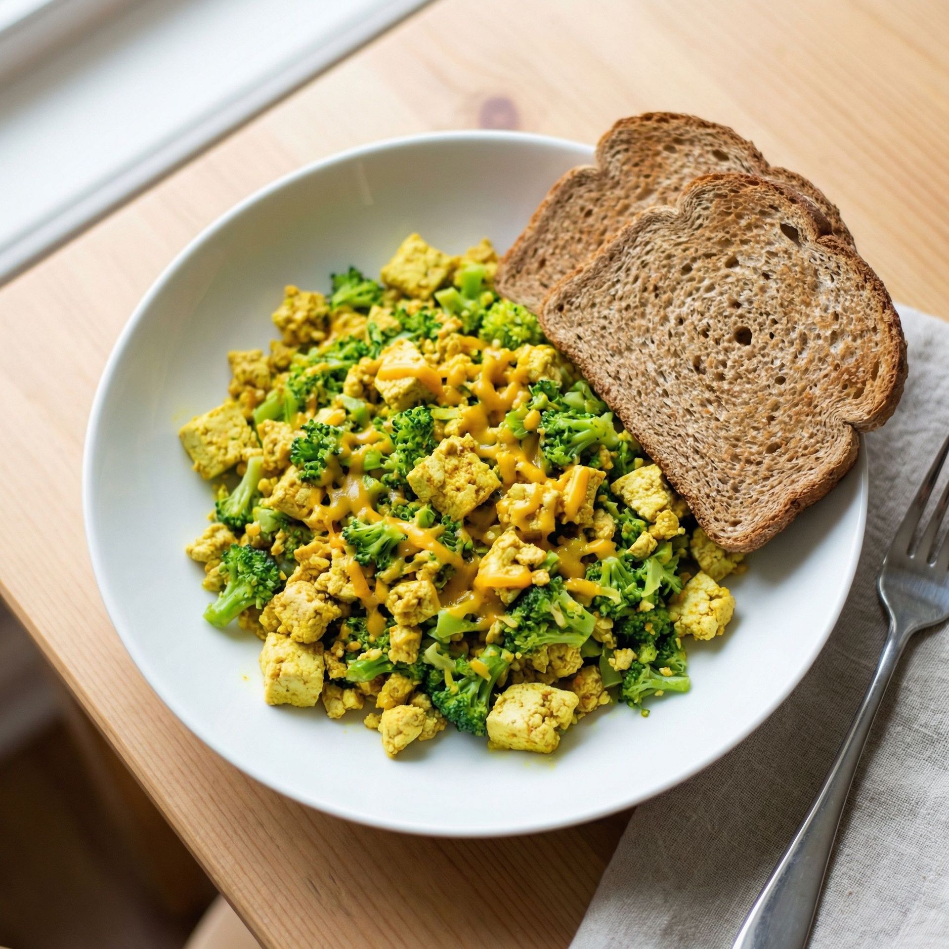 Broccoli & Vegan Cheddar Tofu Scramble, prepared as a finished Lila recipe
