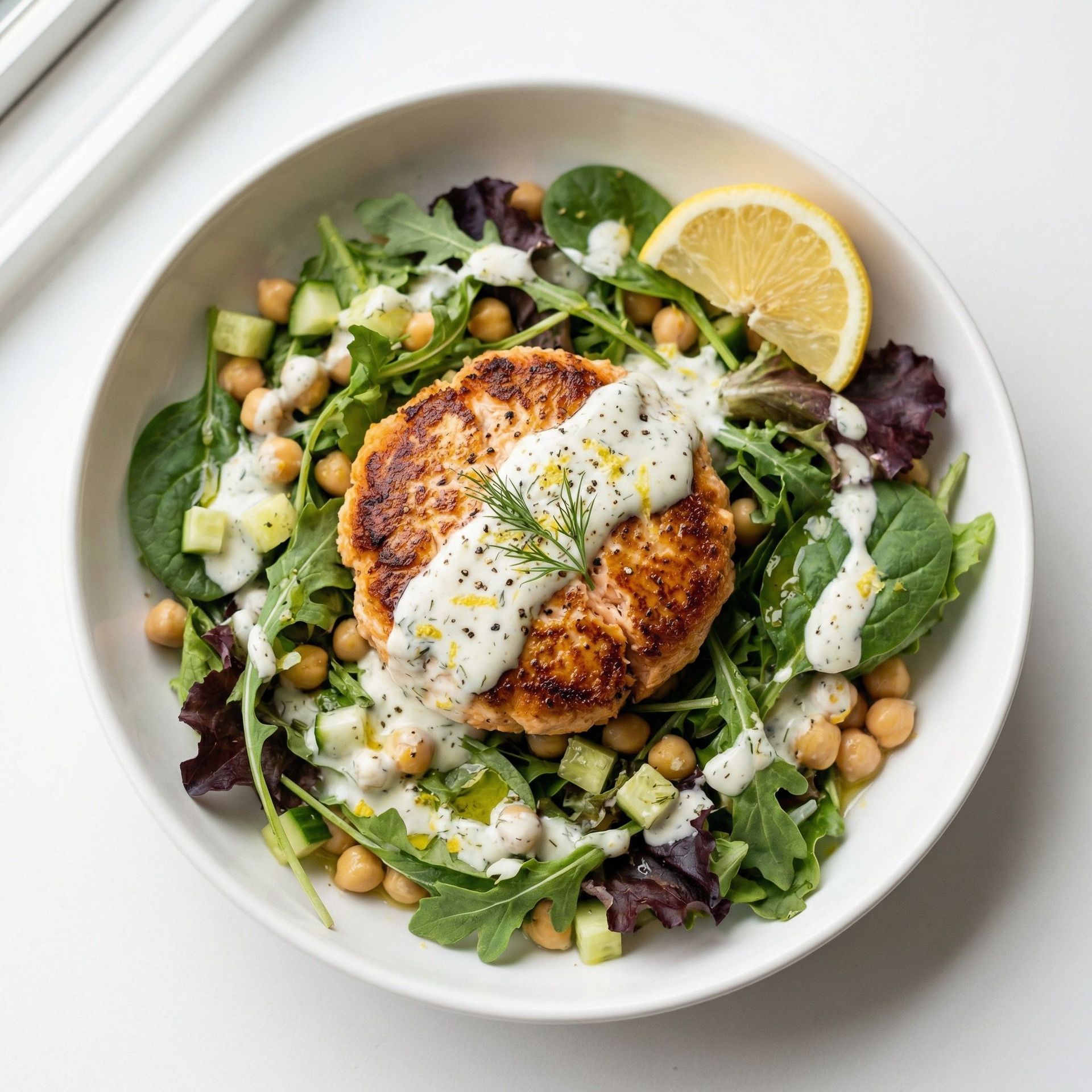 Seared Salmon Patty Over Mixed Greens With Lemon Yogurt, prepared as a finished Lila recipe