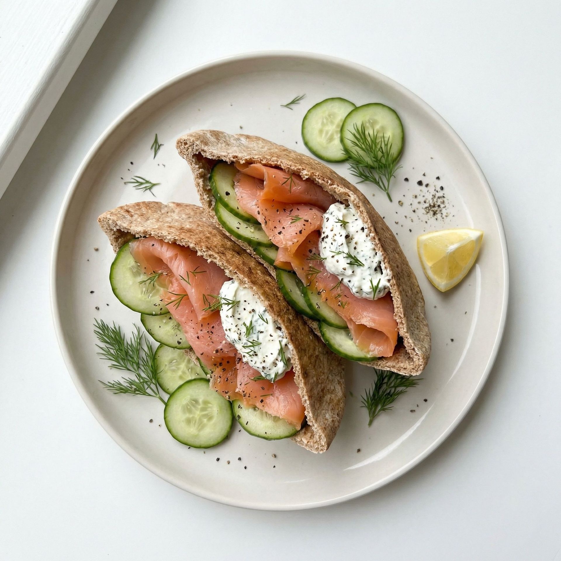 Smoked Salmon & Herbed Cream Cheese Pita, prepared as a finished Lila recipe