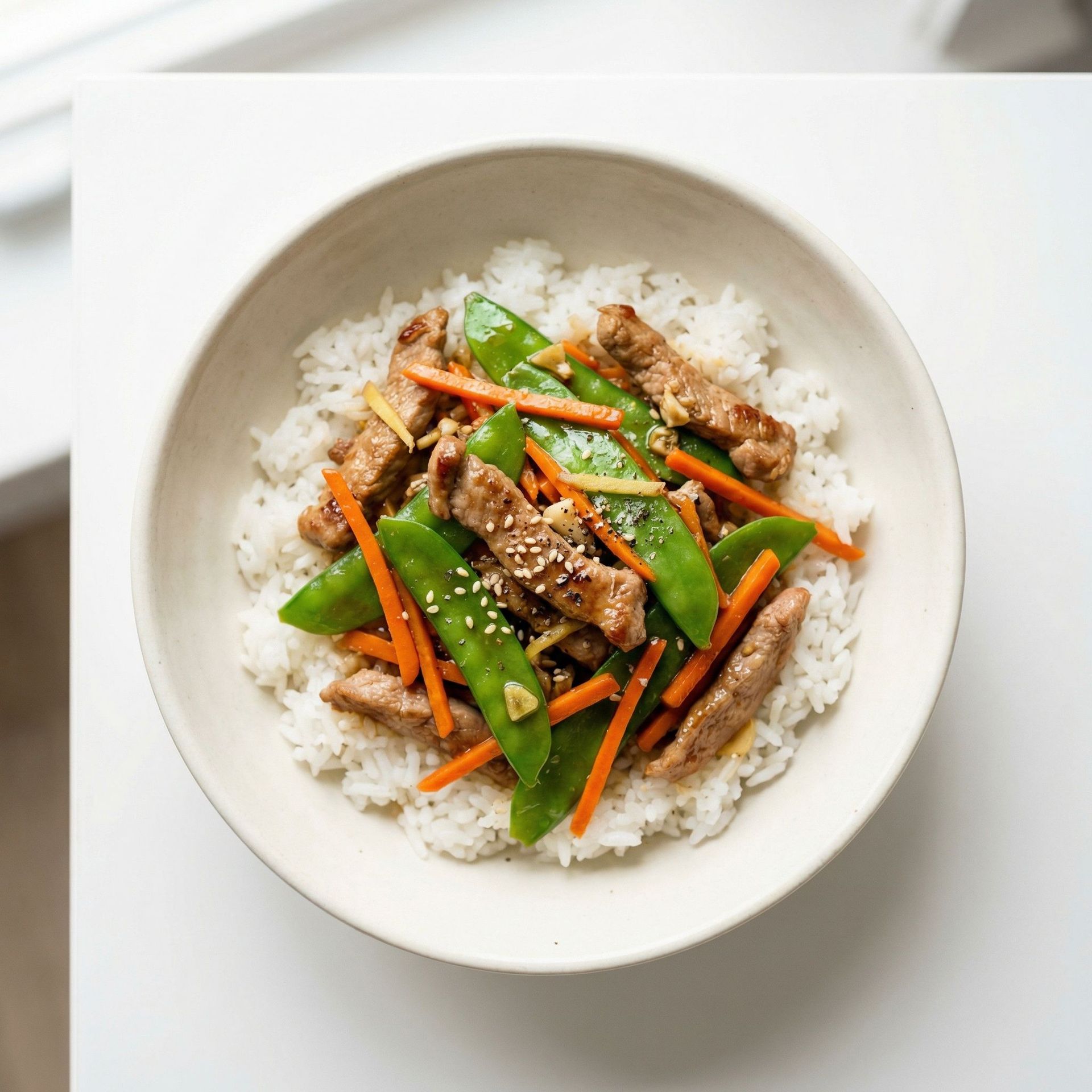 Ginger Pork And Snow Pea Stir-Fry, prepared as a finished Lila recipe