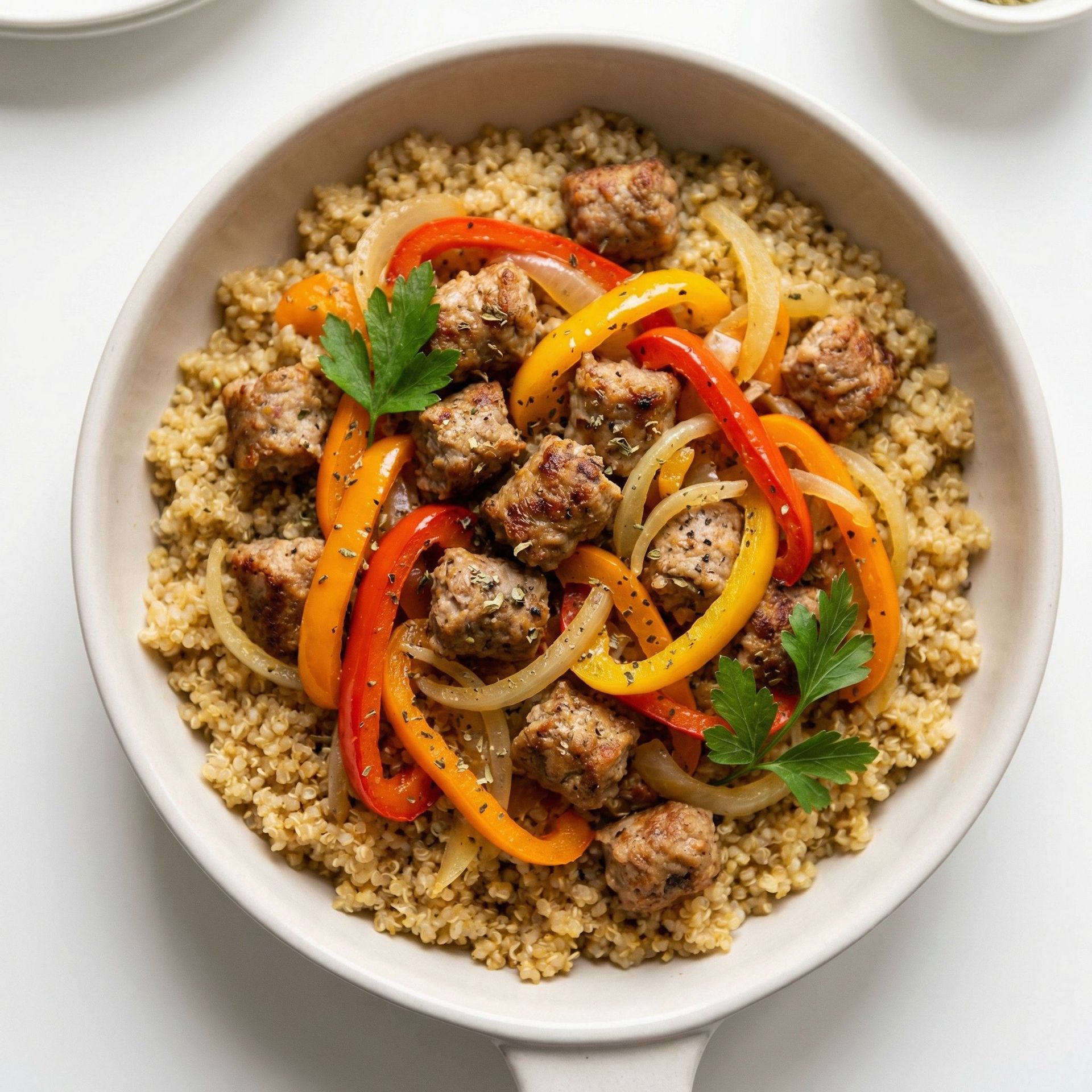 Italian Pork Sausage & Bell Pepper Quinoa Skillet, prepared as a finished Lila recipe
