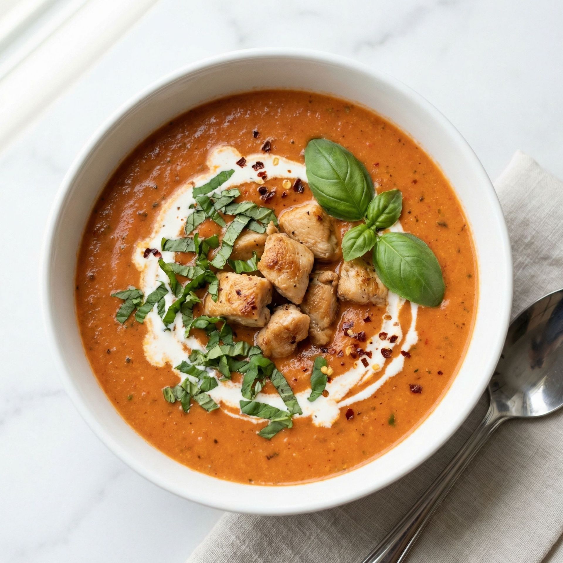 Creamy Tomato Basil and Chicken Soup, prepared as a finished Lila recipe