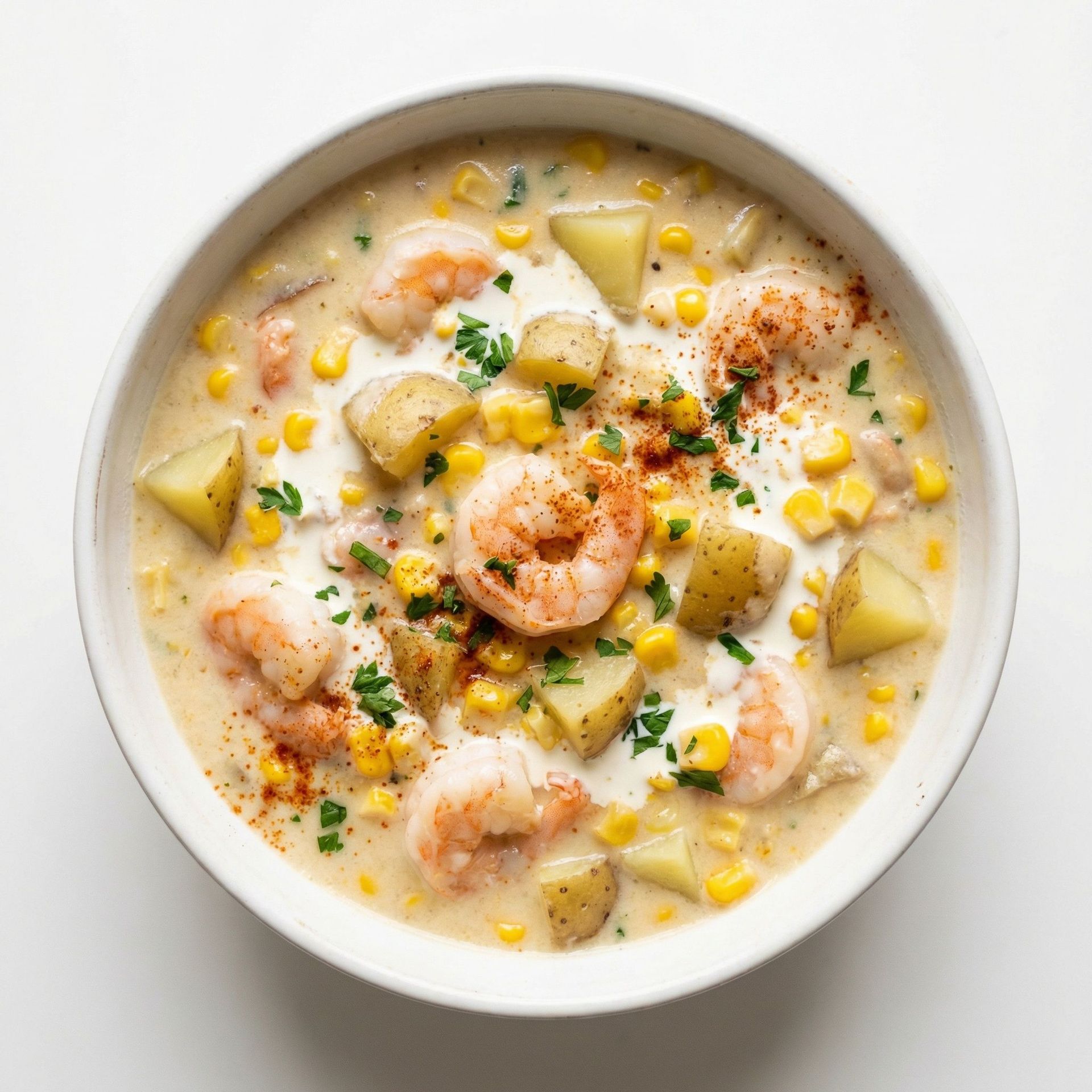 Creamy Shrimp and Sweet Corn Chowder, prepared as a finished Lila recipe