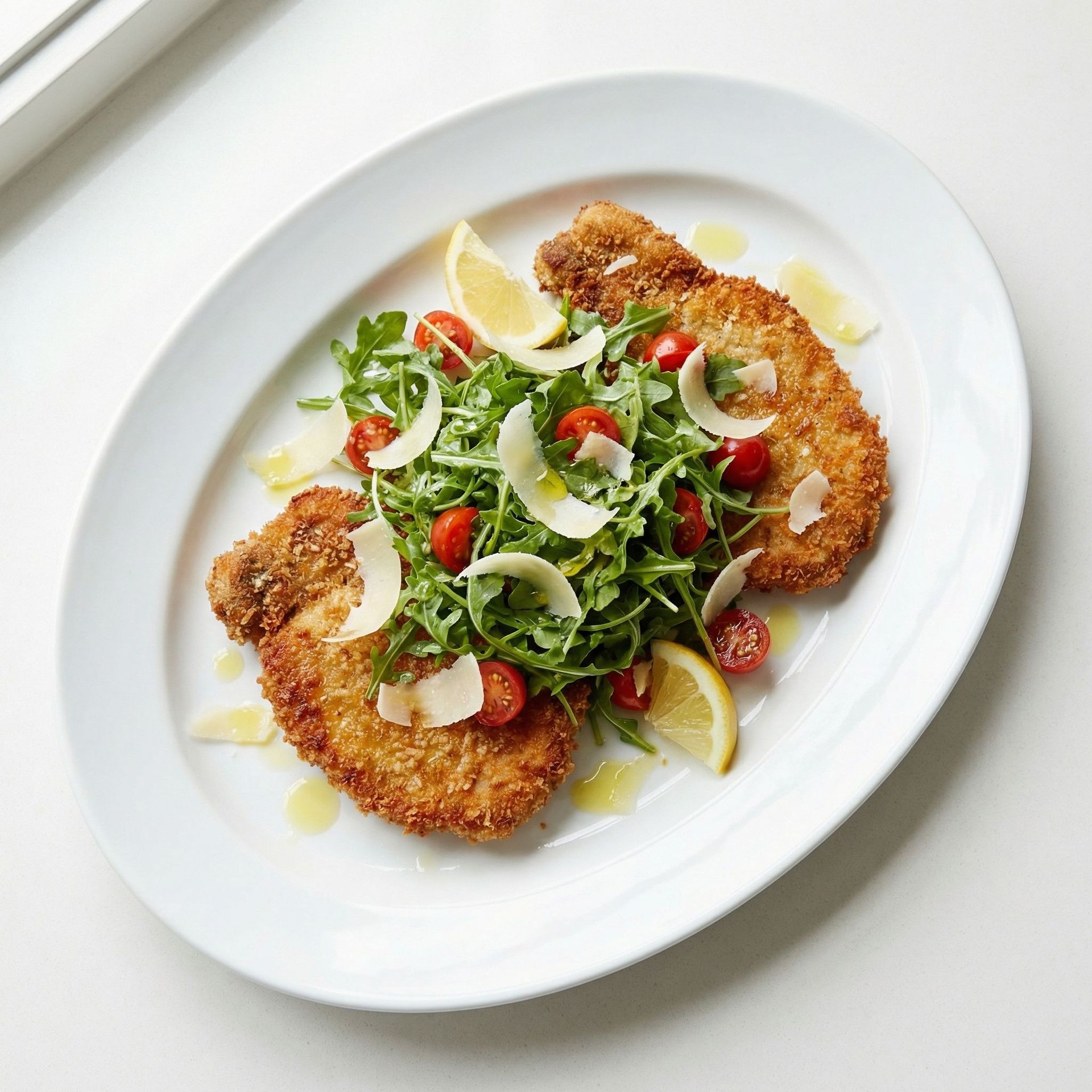 Crispy Pork Milanese With Arugula Tomato Salad, prepared as a finished Lila recipe