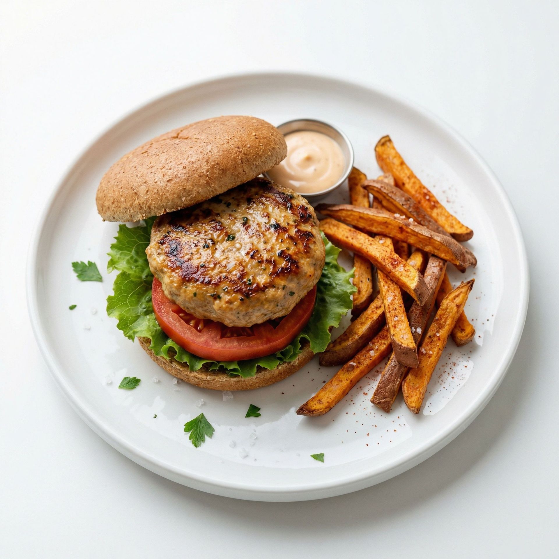 Classic Turkey Burger With Sweet Potato Fries, prepared as a finished Lila recipe