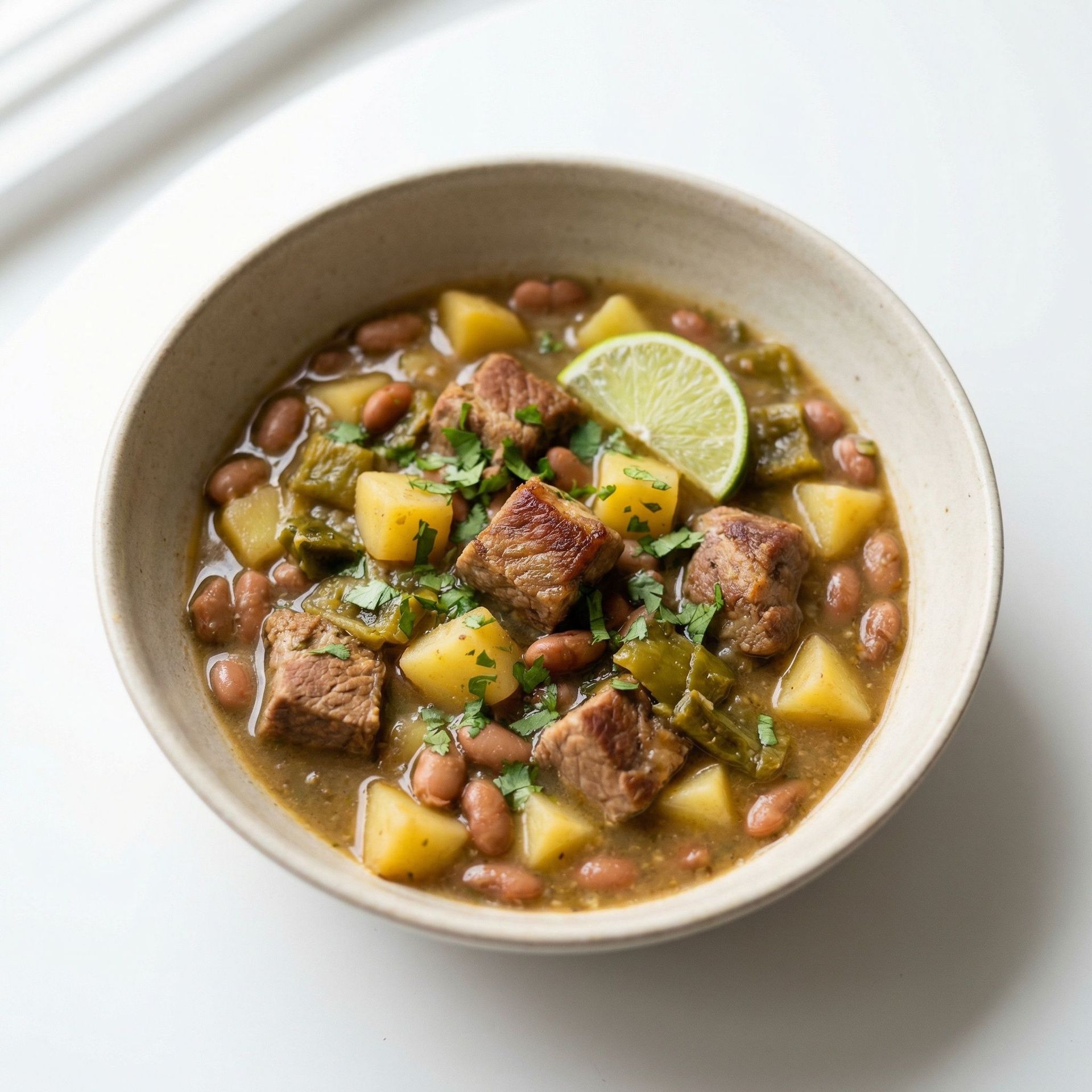 Green Chile Pork Stew, prepared as a finished Lila recipe
