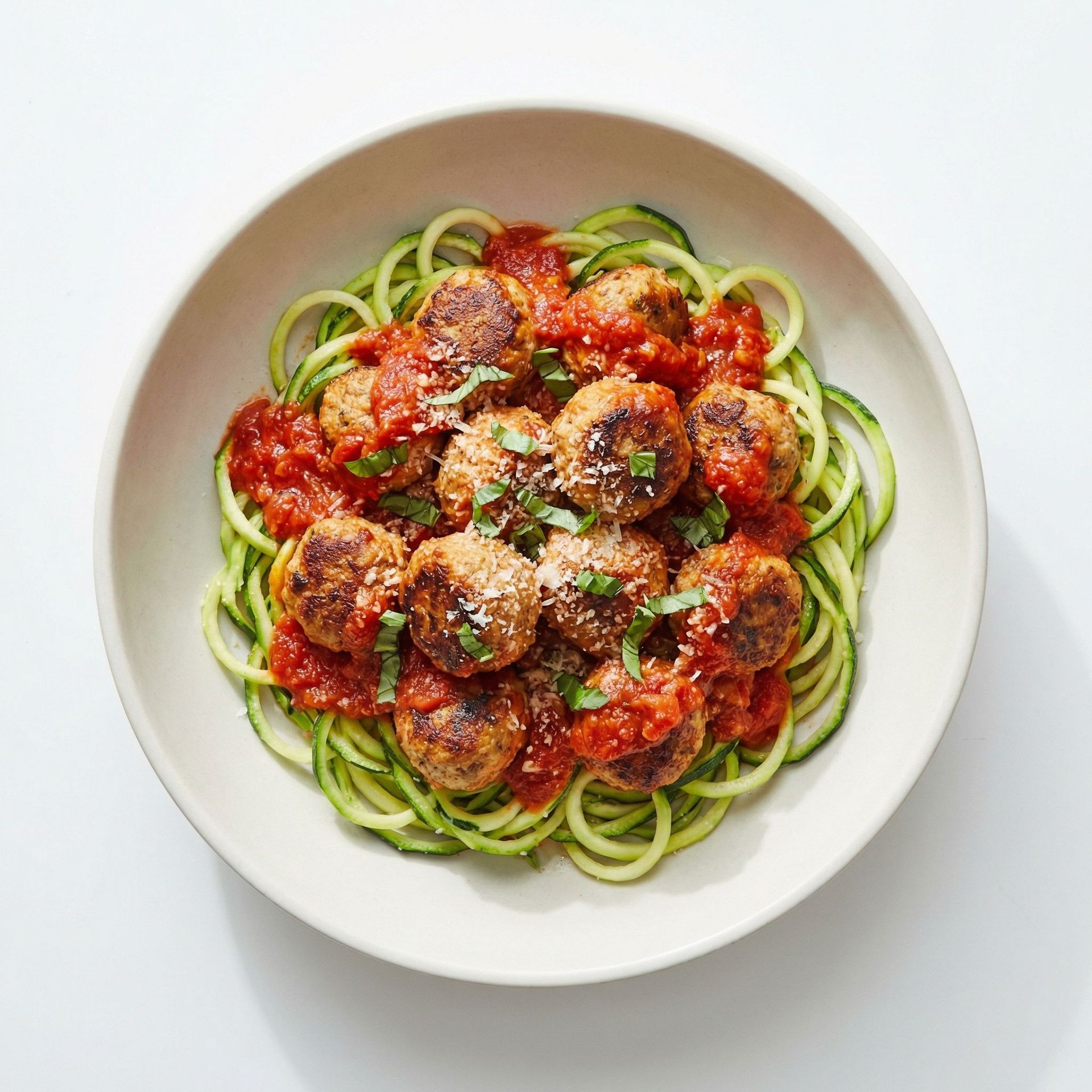 Turkey Meatballs With Zucchini Noodles, prepared as a finished Lila recipe