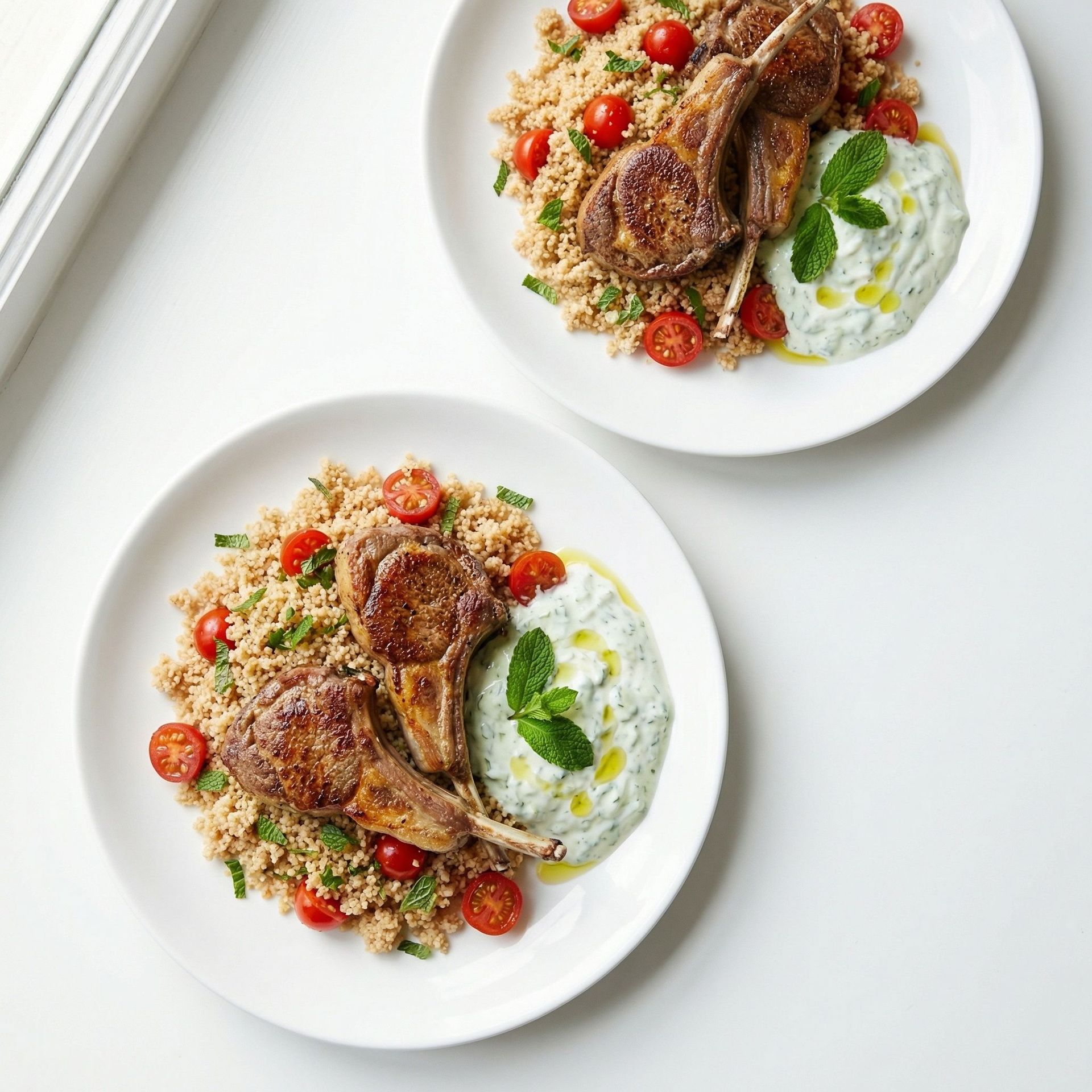 Mediterranean Seared Lamb with Mint Yogurt and Tomato Couscous, prepared as a finished Lila recipe