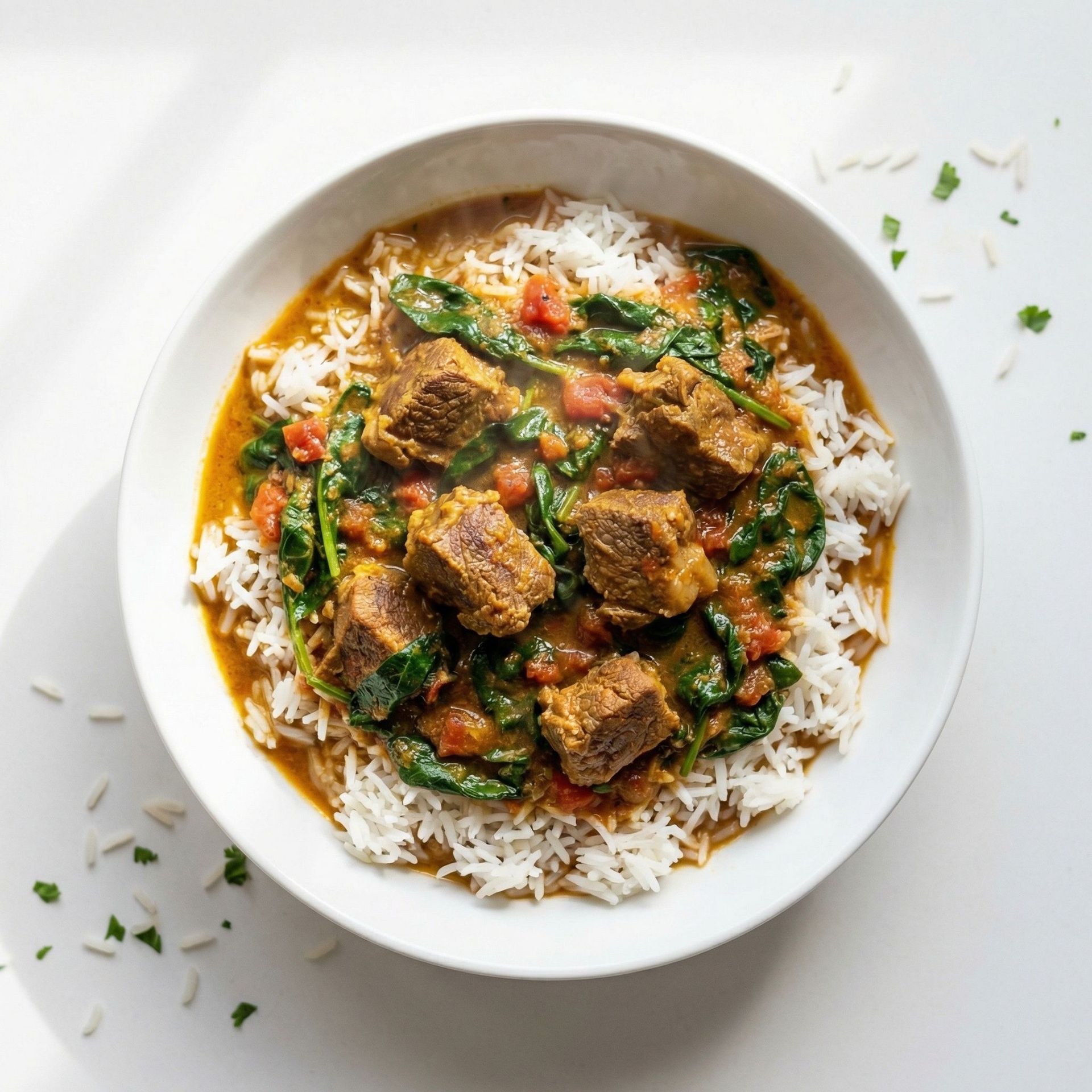 Slow-Braised Lamb and Spinach Curry, prepared as a finished Lila recipe