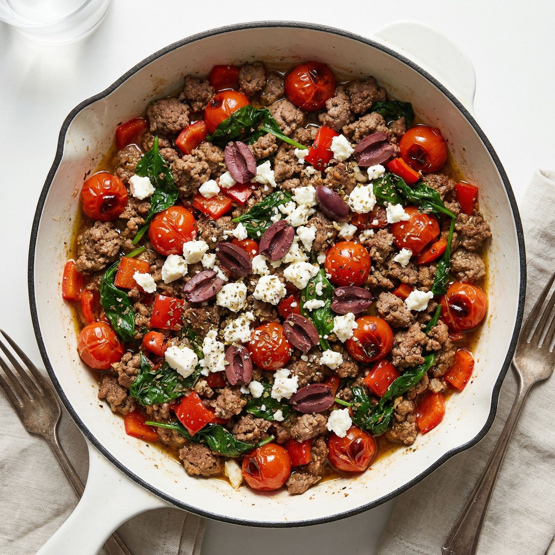 Greek Ground Lamb & Spinach Skillet, prepared as a finished Lila recipe