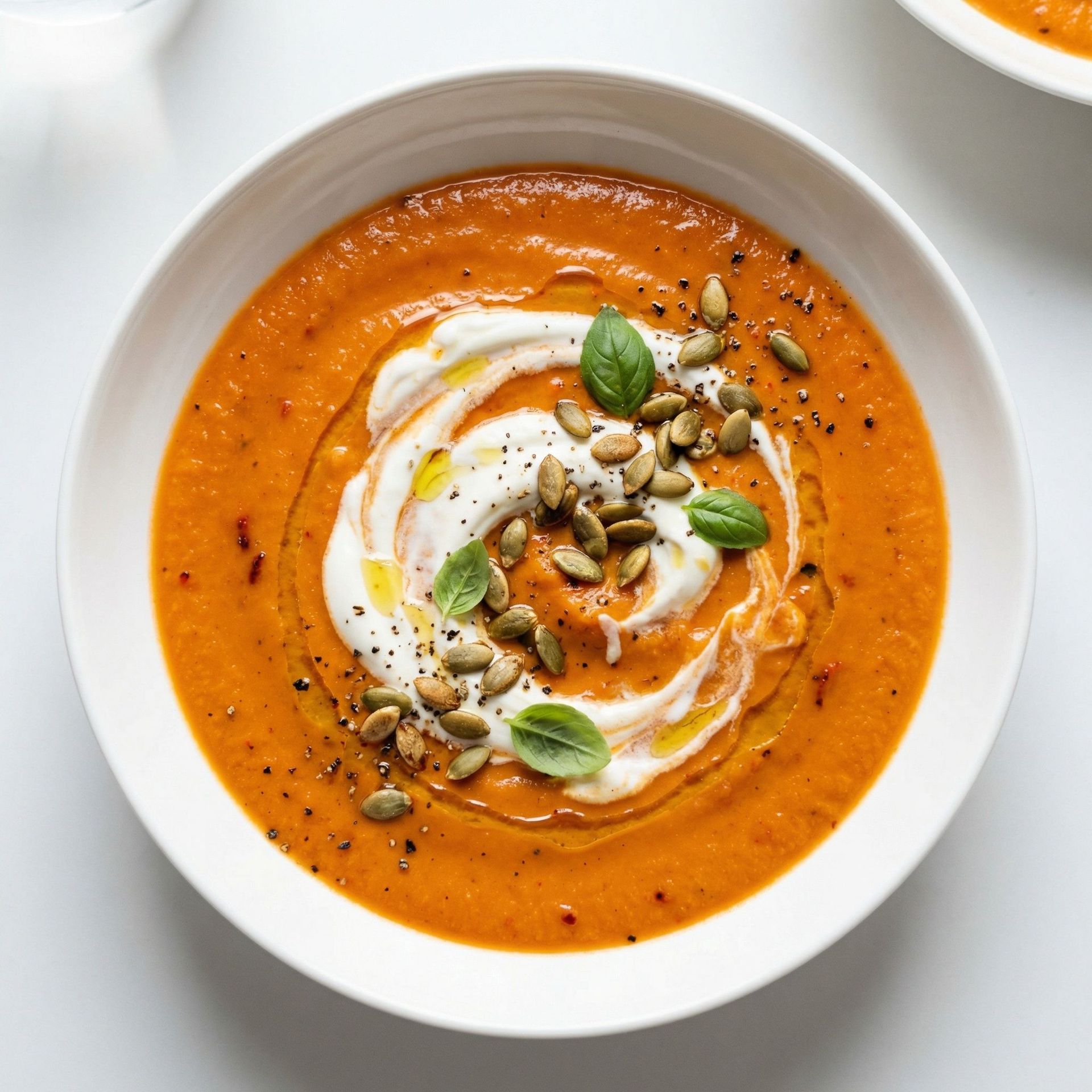 Creamy Roasted Red Pepper And White Bean Soup, prepared as a finished Lila recipe