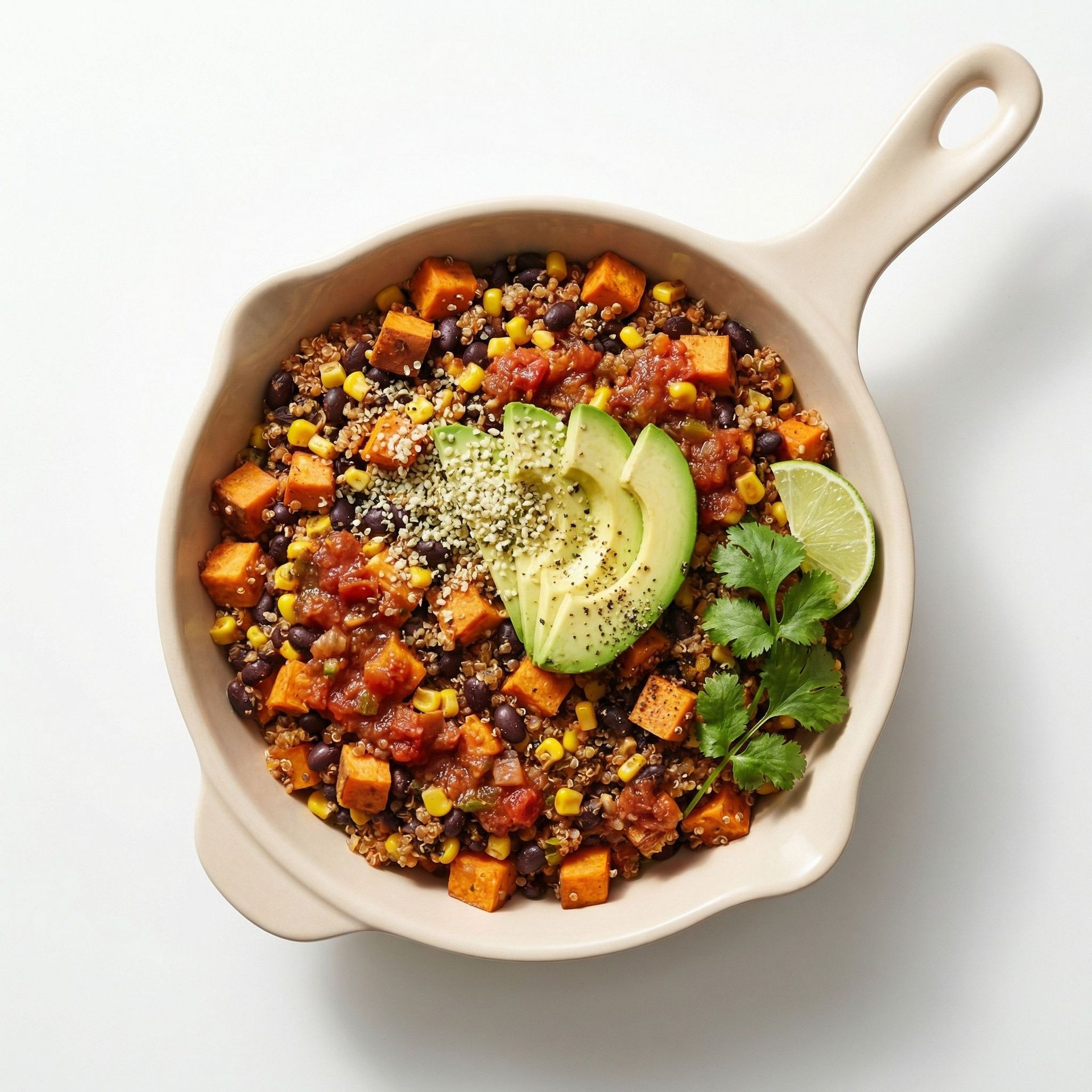 Black Bean, Sweet Potato and Hemp Skillet, prepared as a finished Lila recipe