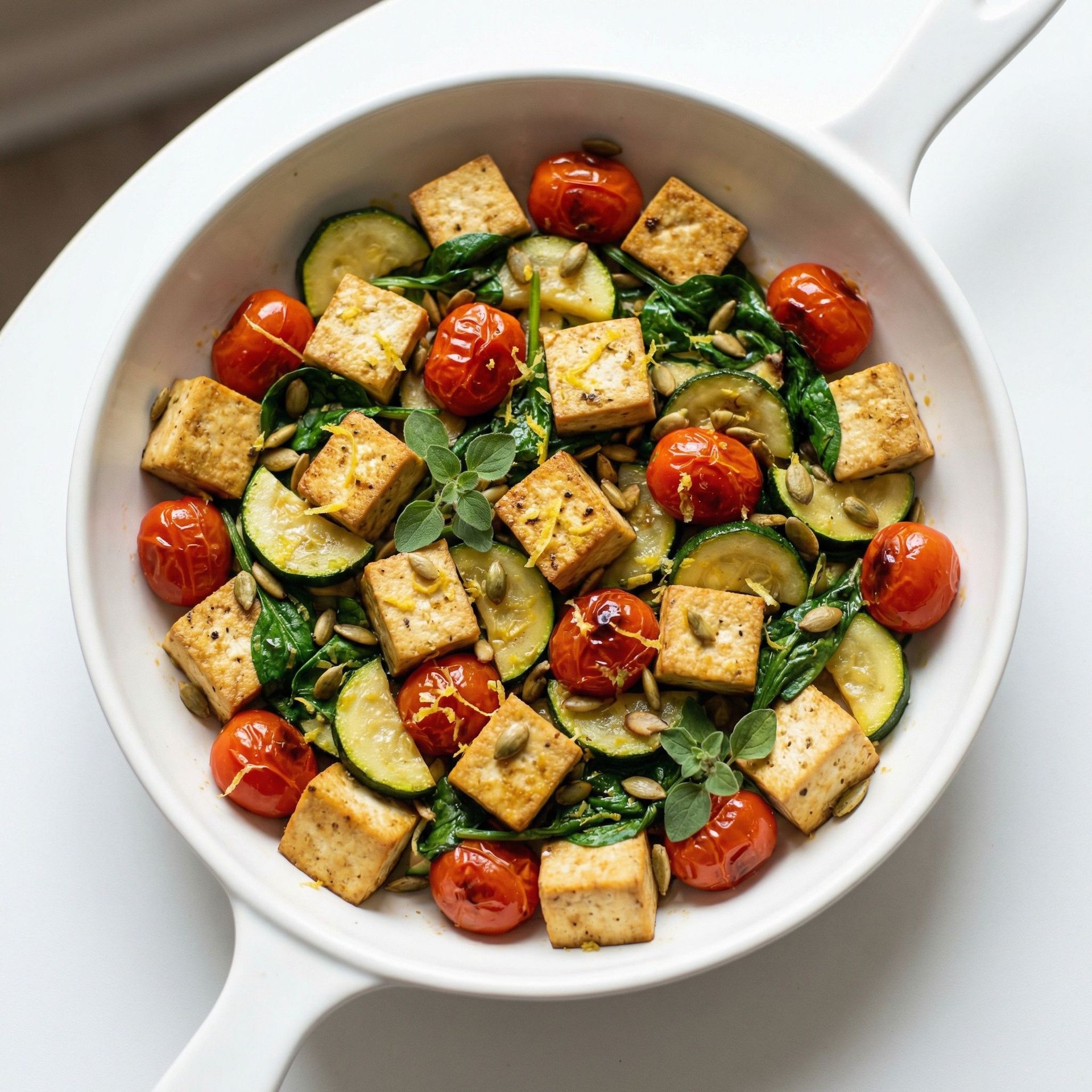 Mediterranean Lemon Tofu Skillet, prepared as a finished Lila recipe