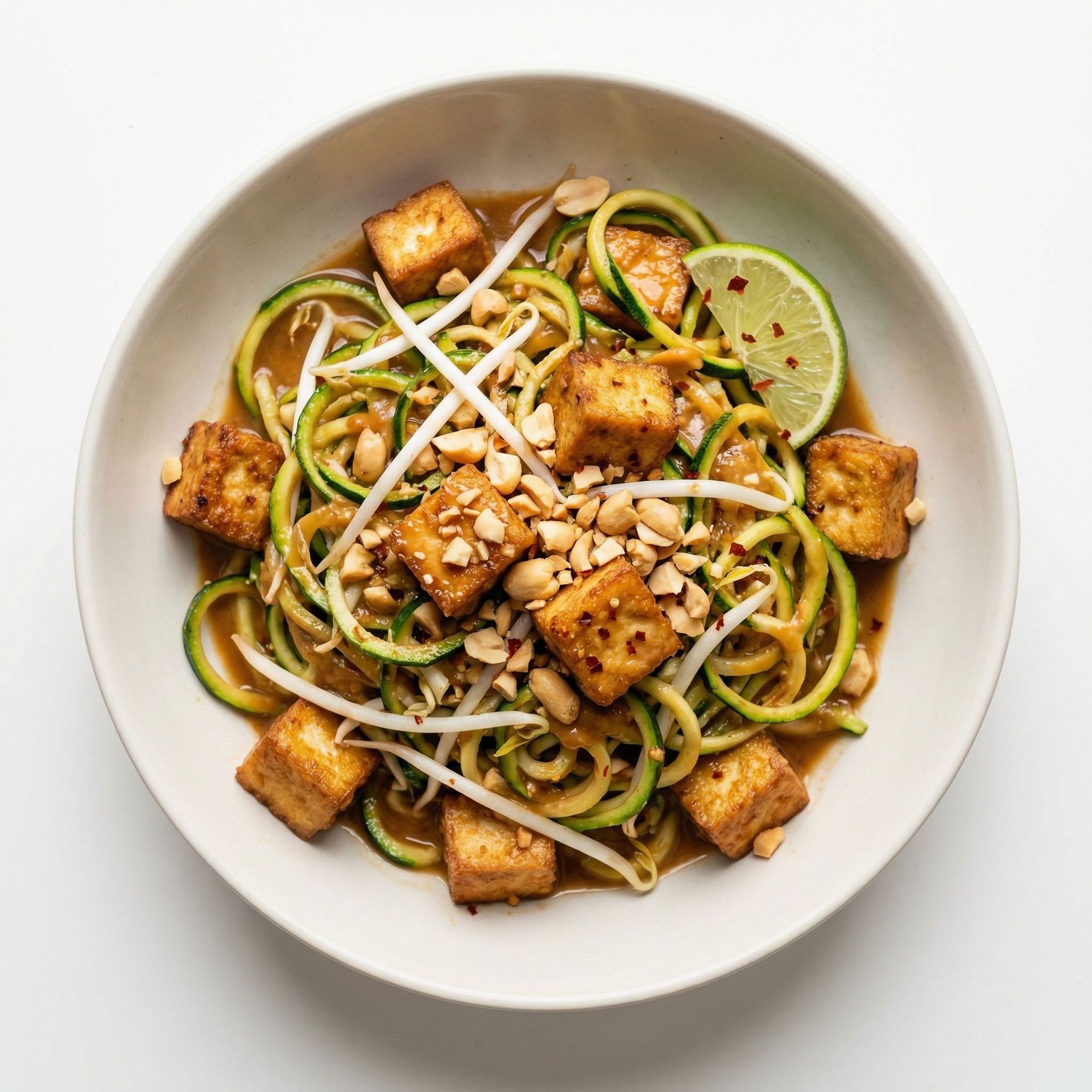 Thai Tofu and Zucchini Noodle Stir-Fry, prepared as a finished Lila recipe