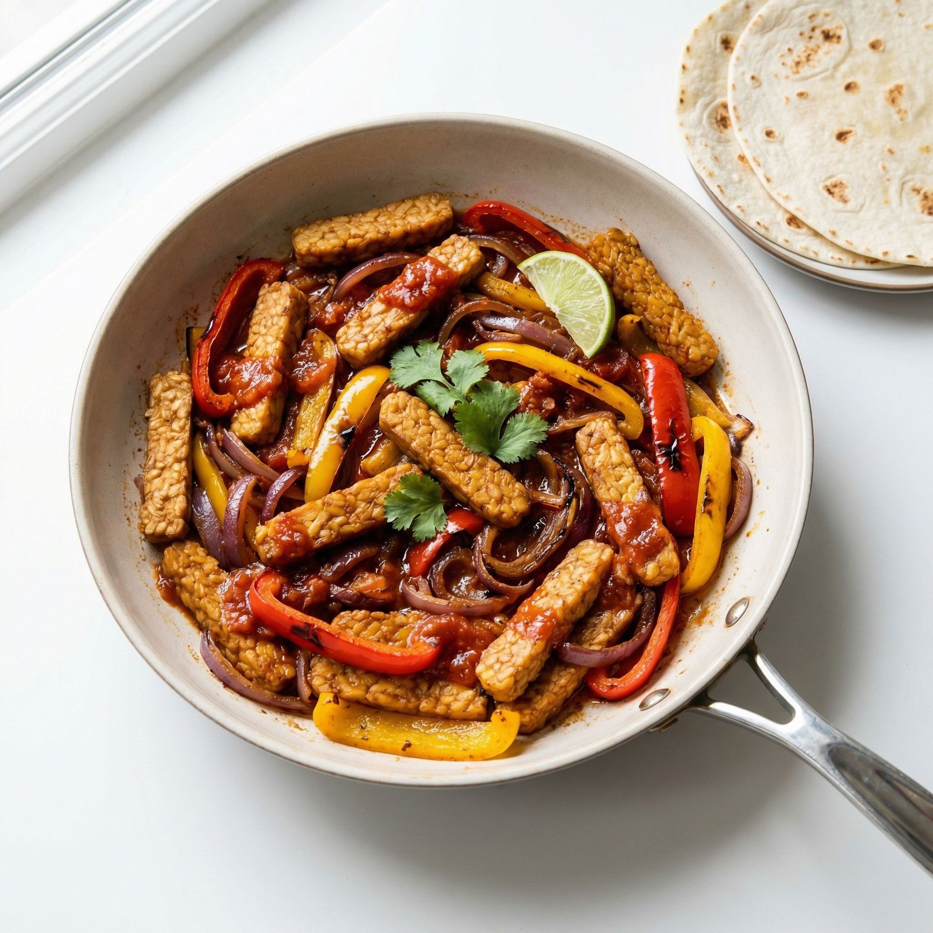 Skillet Tempeh Fajitas, prepared as a finished Lila recipe