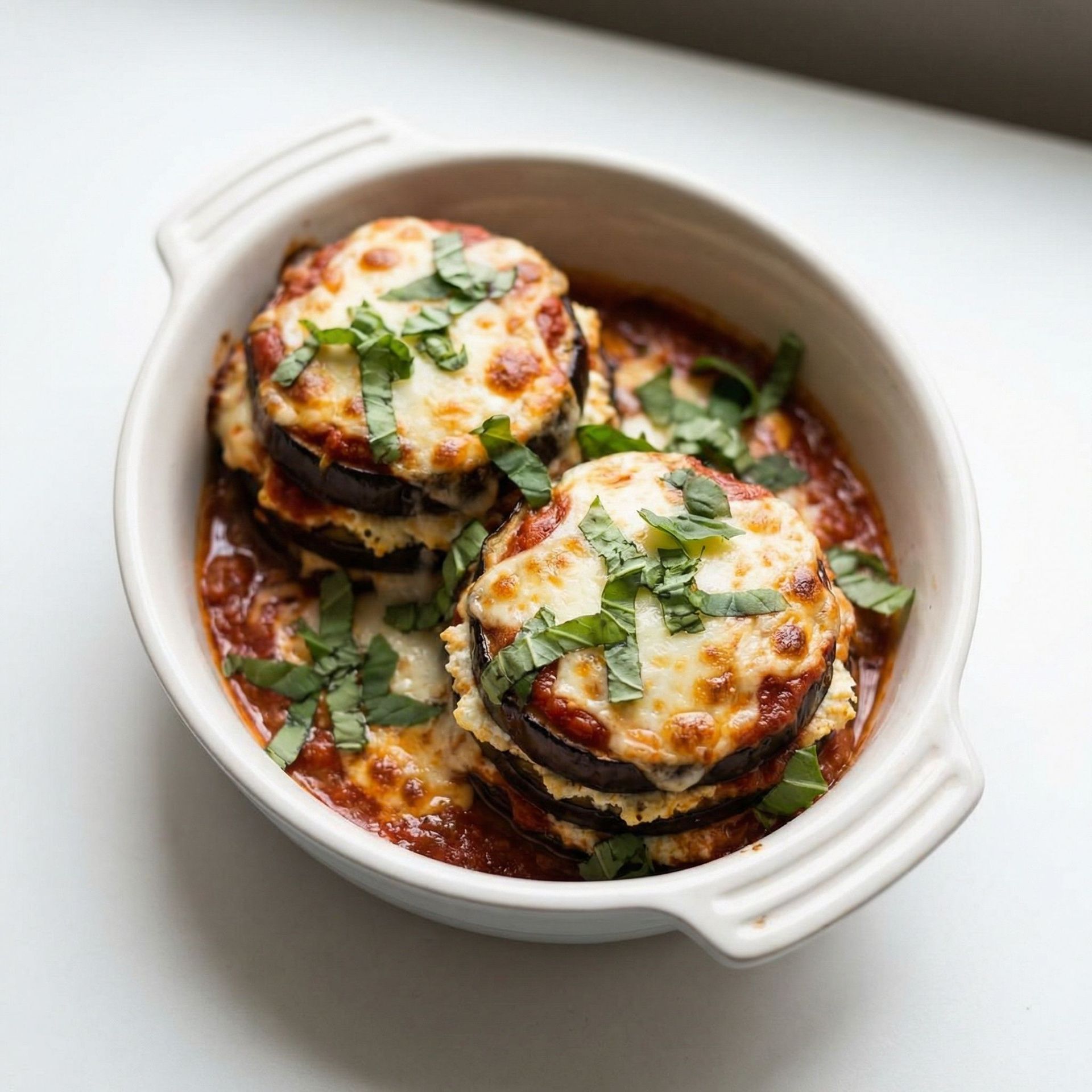 Baked Eggplant Stacks With Ricotta And Marinara, prepared as a finished Lila recipe