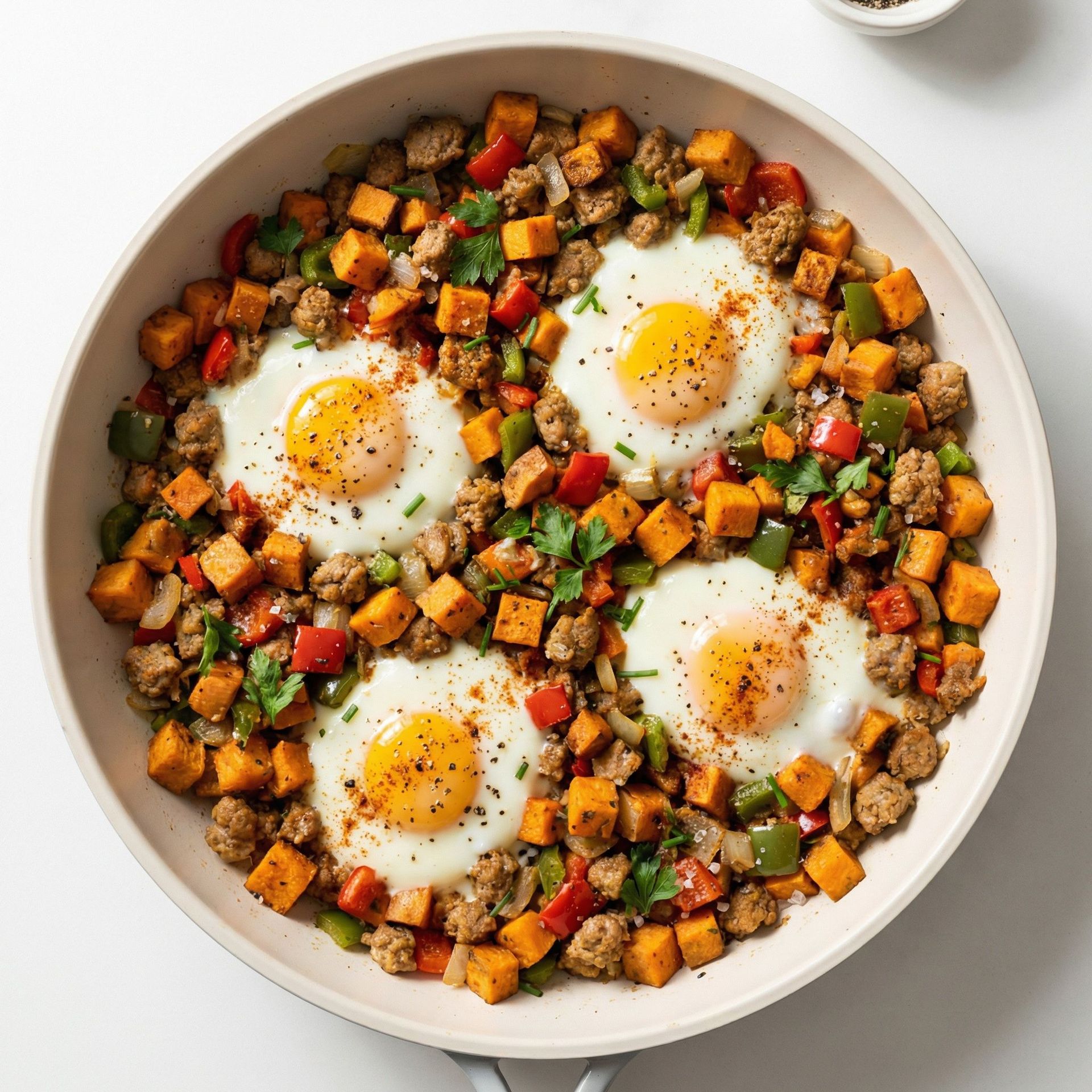 Turkey Sausage and Sweet Potato Breakfast Hash, prepared as a finished Lila recipe