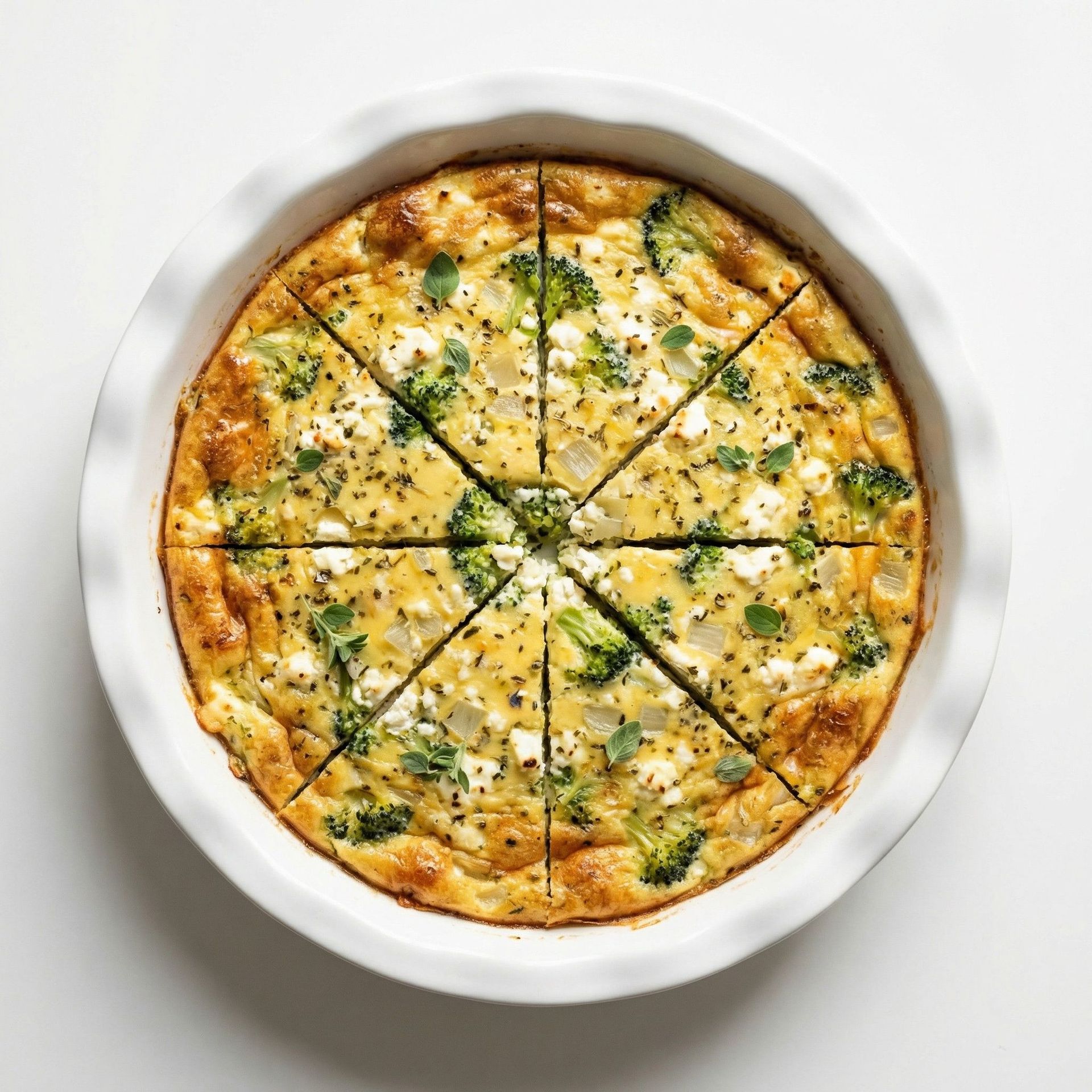 Broccoli and Feta Crustless Quiche, prepared as a finished Lila recipe