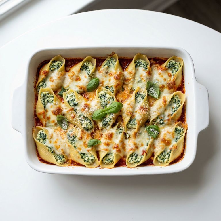 Classic Spinach and Ricotta Stuffed Shells, prepared as a finished Lila recipe