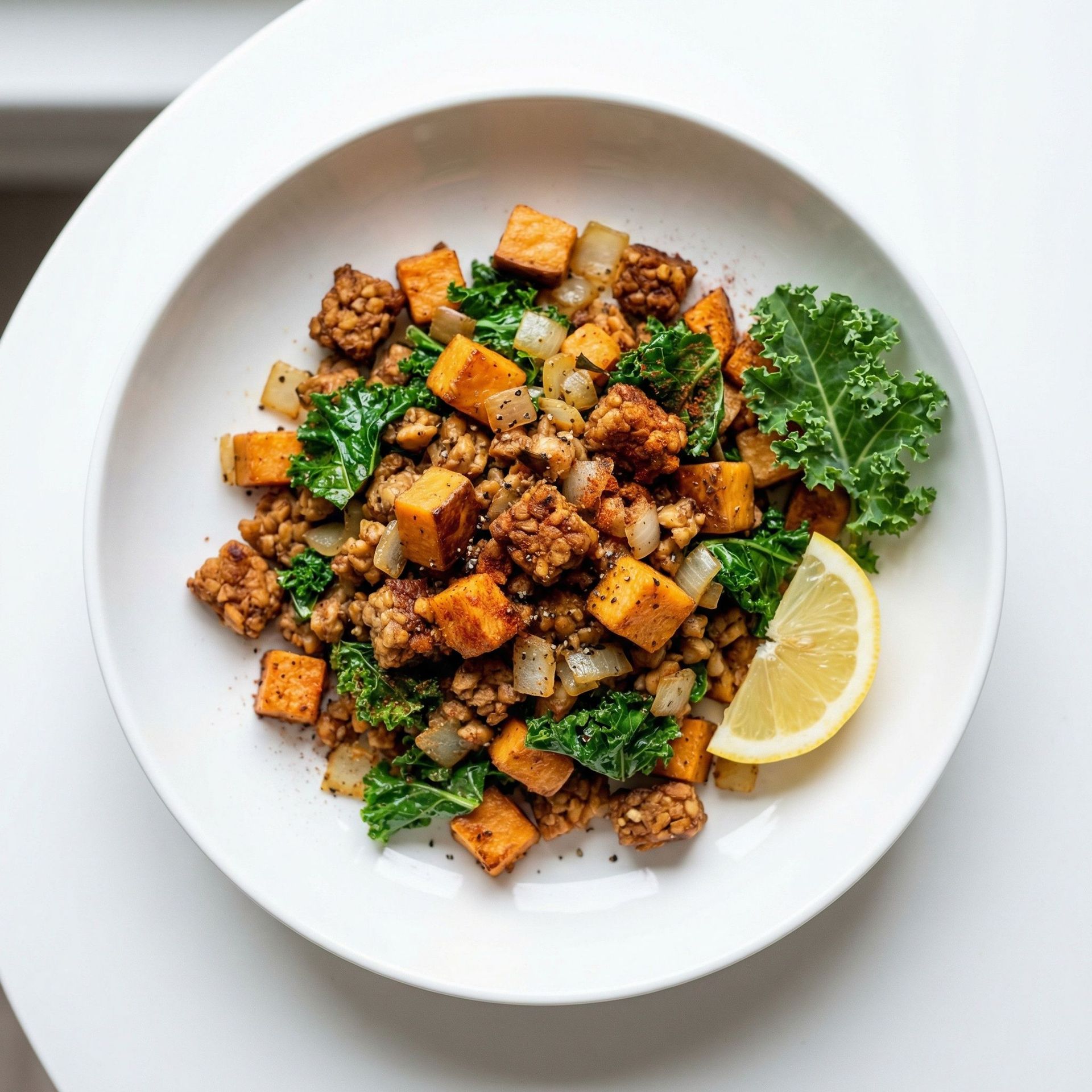 Savory Tempeh & Sweet Potato Hash, prepared as a finished Lila recipe
