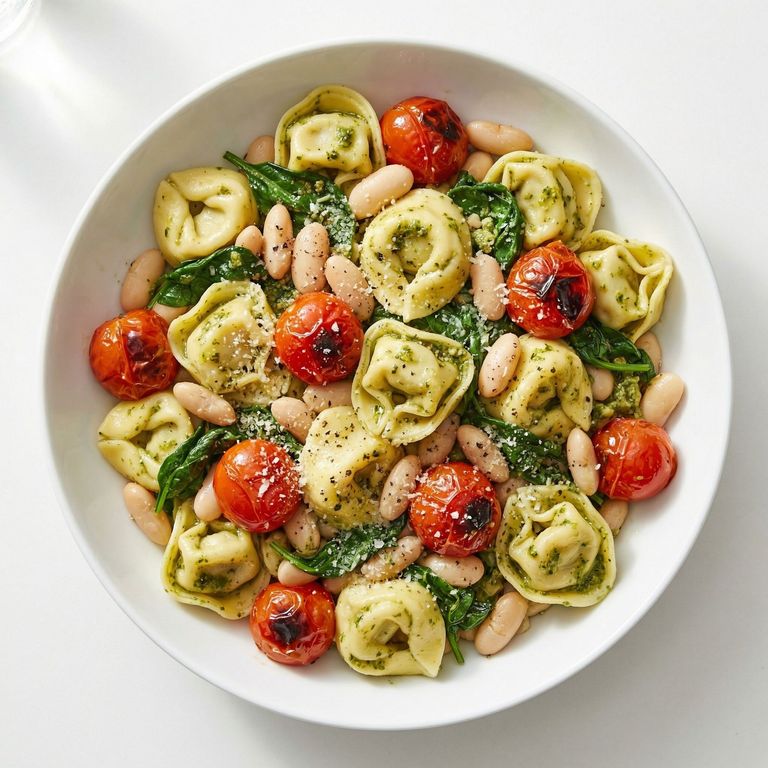 Pesto Tortellini With White Beans and Blistered Tomatoes, prepared as a finished Lila recipe