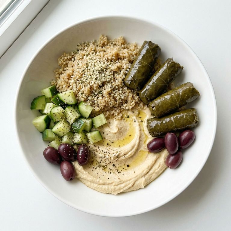 Mediterranean Quinoa and Dolma Mezze Plate, prepared as a finished Lila recipe