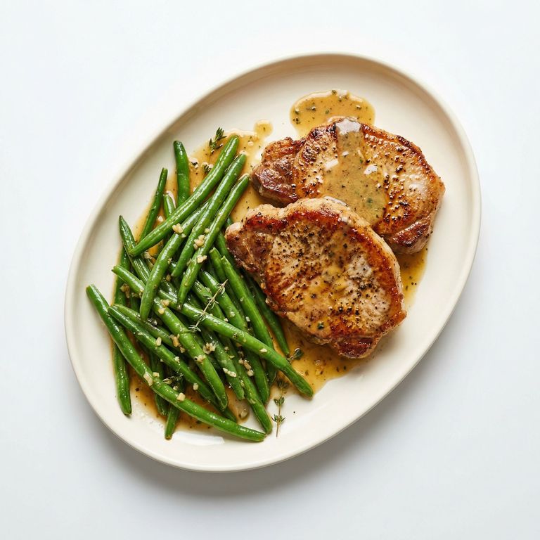 Dijon Pan-Seared Pork Chops With Garlic Green Beans, prepared as a finished Lila recipe