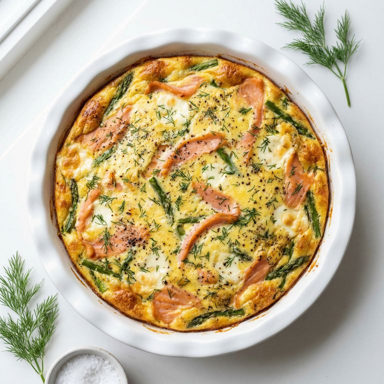 Smoked Salmon and Dill Crustless Quiche, prepared as a finished Lila recipe