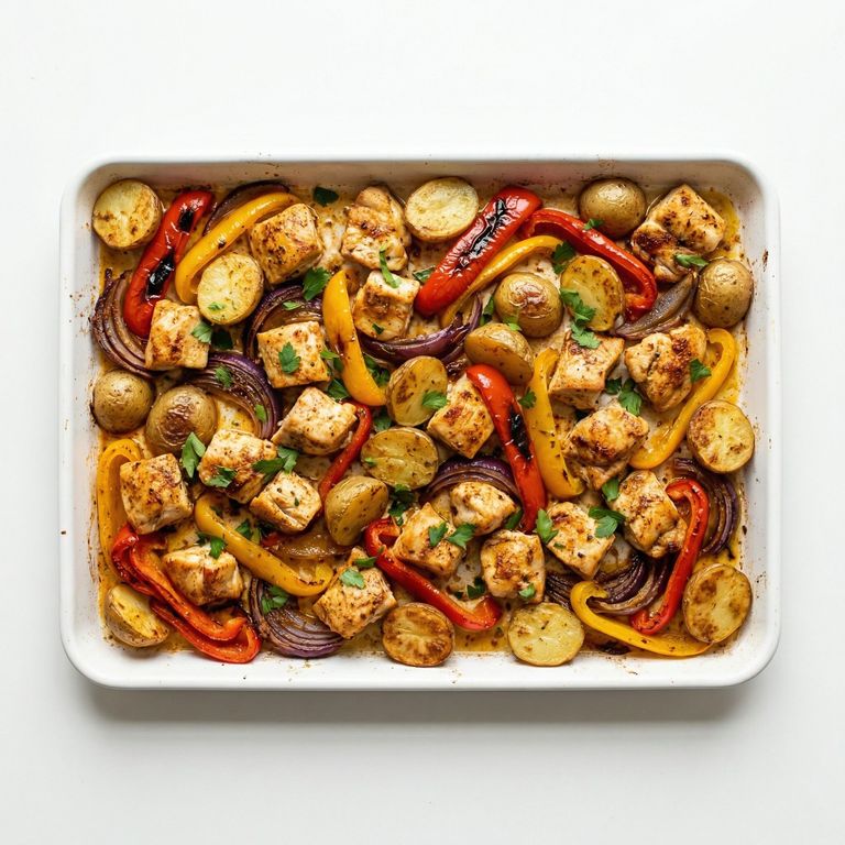 Sheet Pan Chicken, Potatoes, and Bell Peppers, prepared as a finished Lila recipe