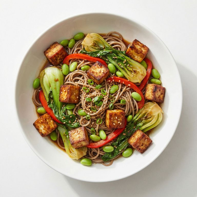 Ginger Tofu & Bok Choy Noodle Bowl, prepared as a finished Lila recipe