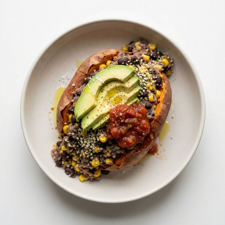 Protein-Packed Black Bean and Corn Stuffed Sweet Potato, prepared as a finished Lila recipe