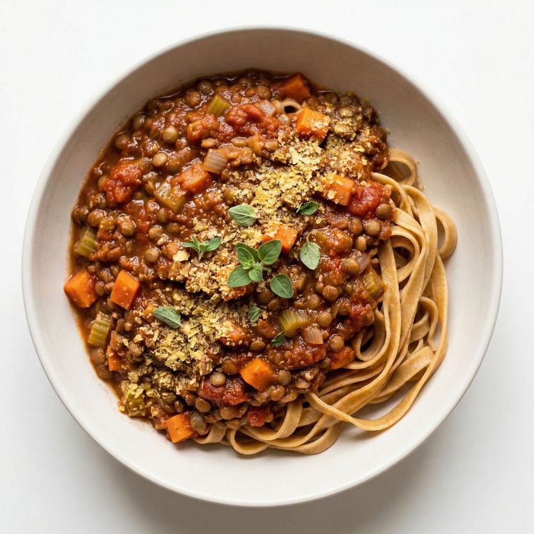 Lentil and Root Vegetable Bolognese With Tagliatelle, prepared as a finished Lila recipe