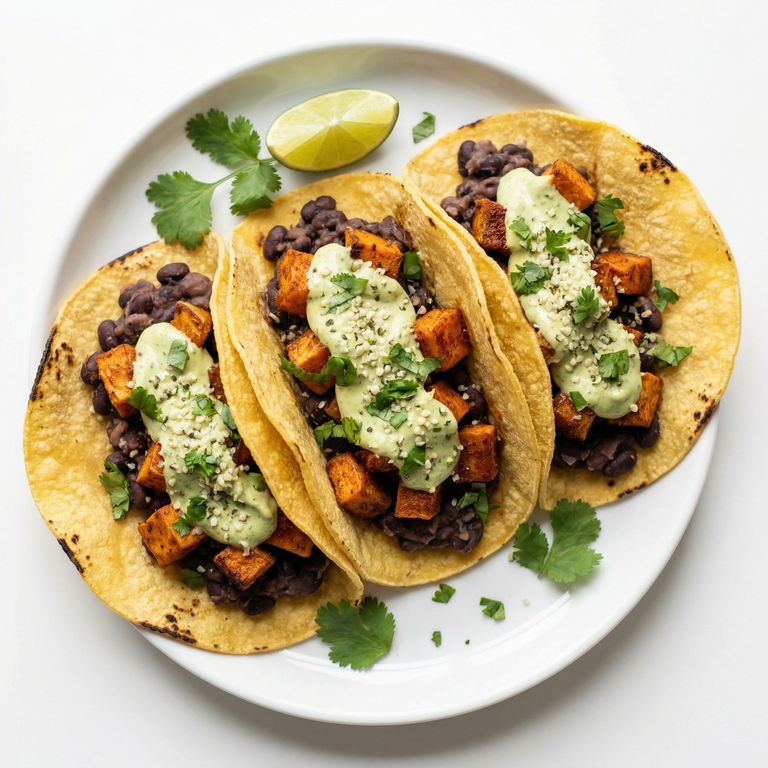 Roasted Sweet Potato and Black Bean Tacos, prepared as a finished Lila recipe