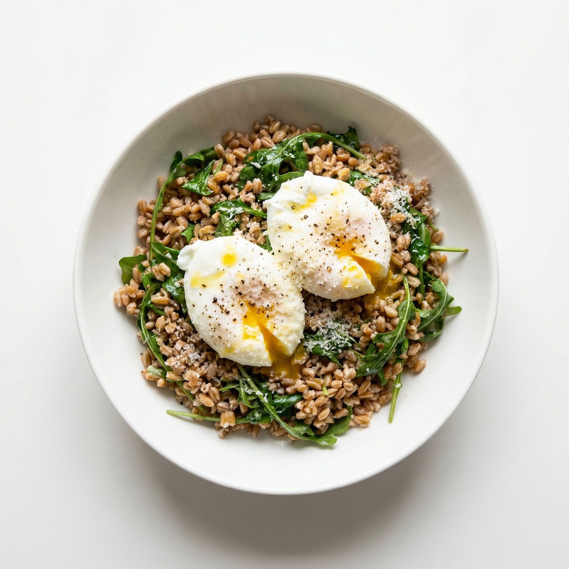 Savory Farro and Poached Egg Bowl, prepared as a finished Lila recipe