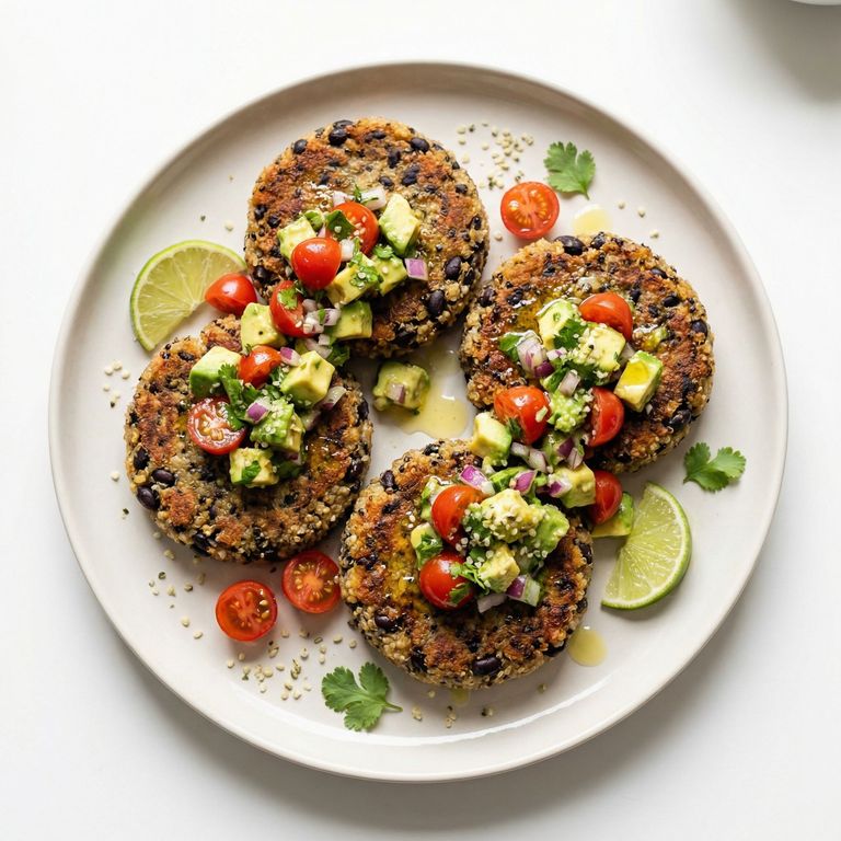 Crispy Quinoa & Black Bean Patties With Avocado Salsa, prepared as a finished Lila recipe