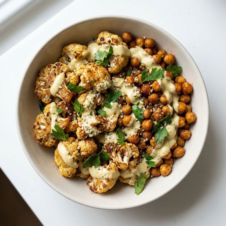 Roasted Cauliflower & Chickpea Power Bowl with Lemon Tahini, prepared as a finished Lila recipe