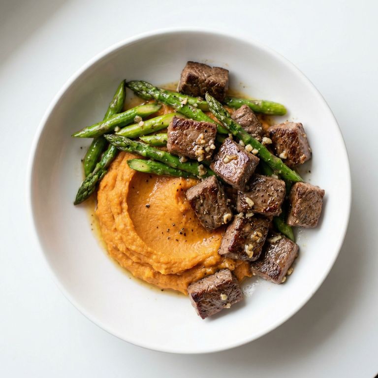 Garlic Butter Steak Bites With Sweet Potato Mash, prepared as a finished Lila recipe