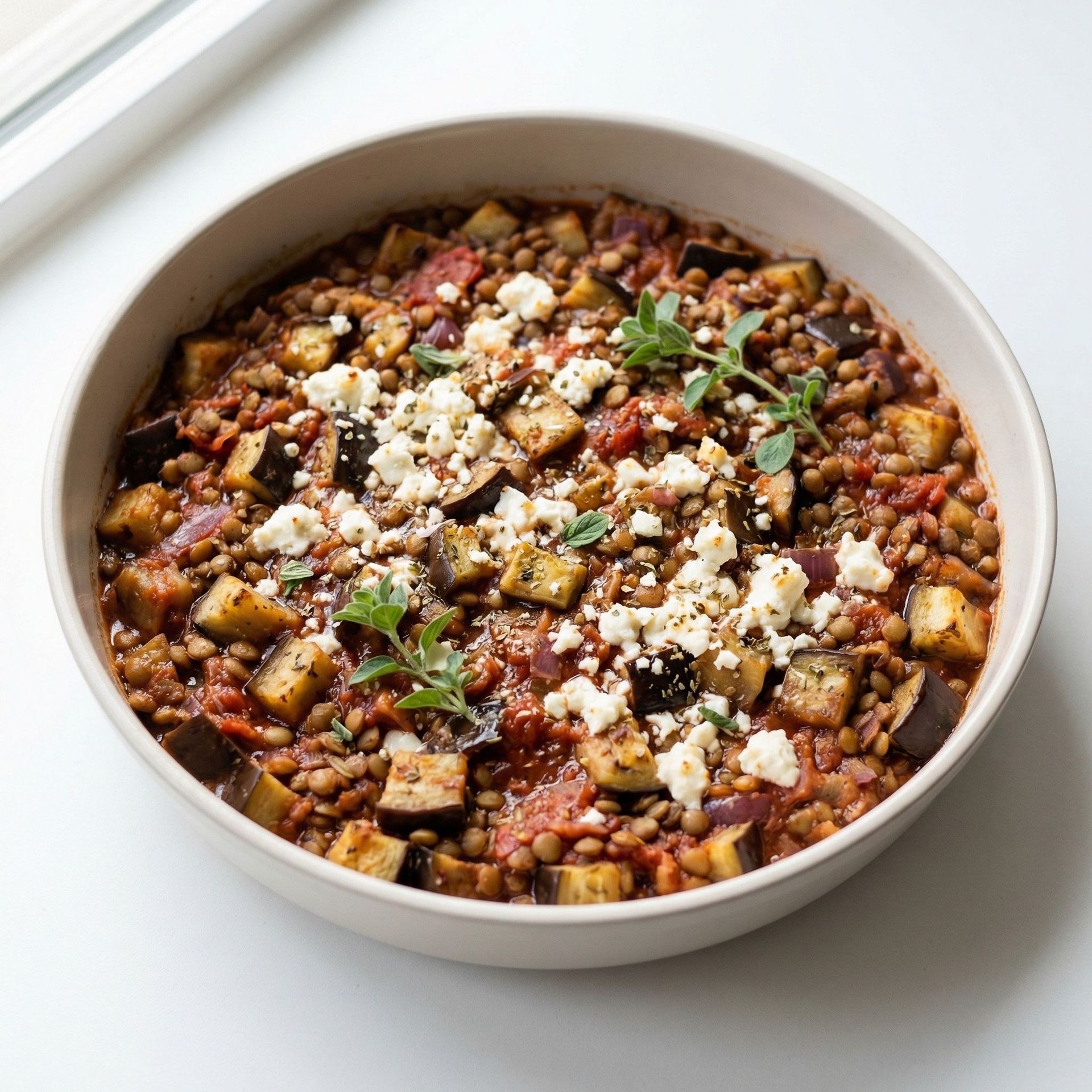 Greek Lentil and Eggplant Skillet With Feta, prepared as a finished Lila recipe