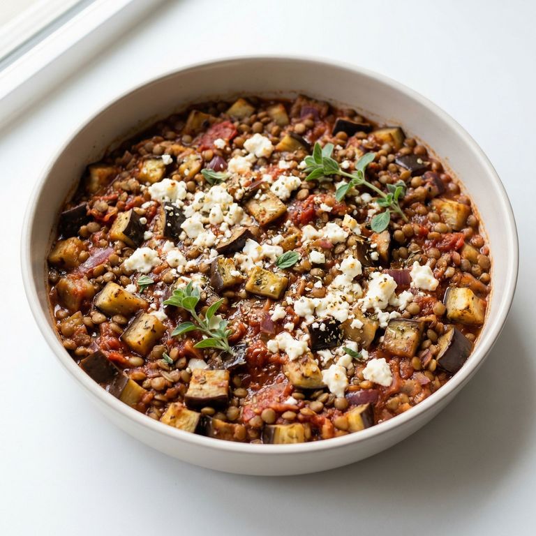 Greek Lentil and Eggplant Skillet With Feta, prepared as a finished Lila recipe