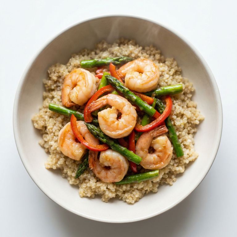Ginger Shrimp and Asparagus Stir-Fry Over Quinoa, prepared as a finished Lila recipe