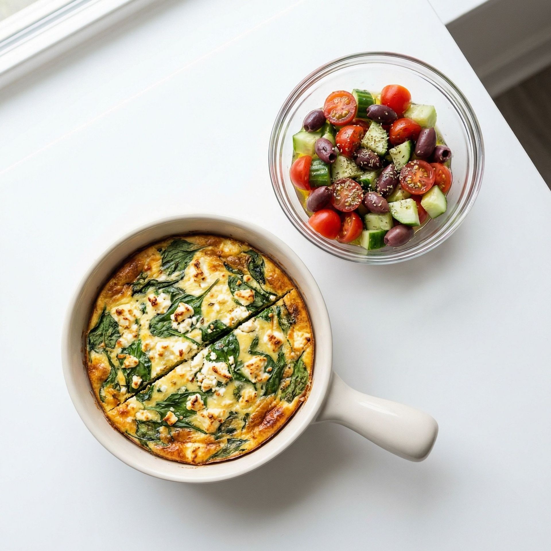 Crustless Spinach And Feta Quiche With Greek Salad, prepared as a finished Lila recipe