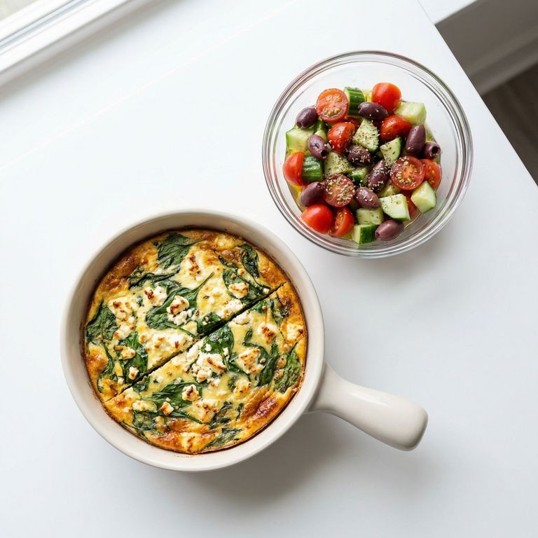 Crustless Spinach And Feta Quiche With Greek Salad, prepared as a finished Lila recipe